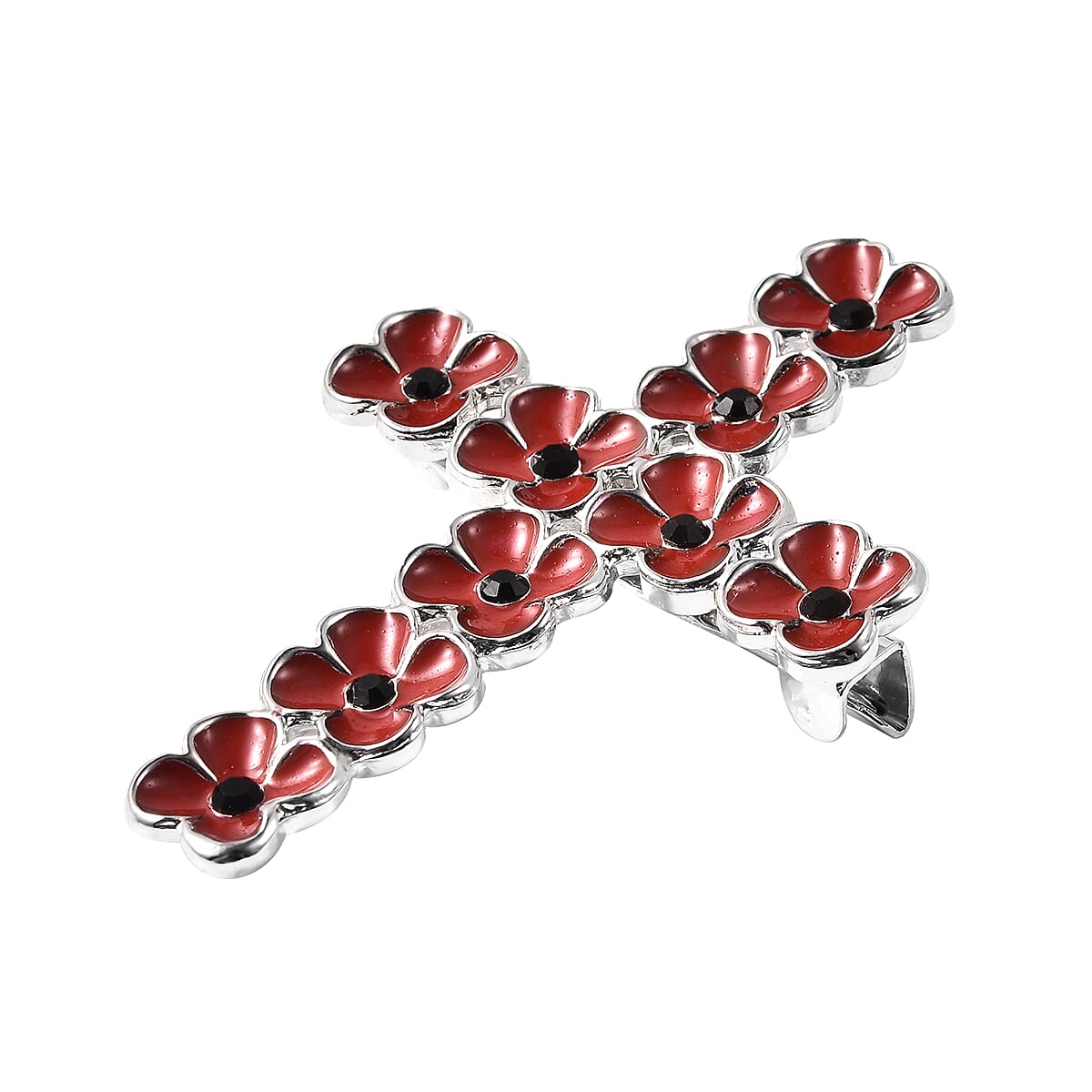 TJC Poppy Design - Black Austrian Crystal Enamelled Poppy Flower Cross Brooch in Silver Tone 3664527 3