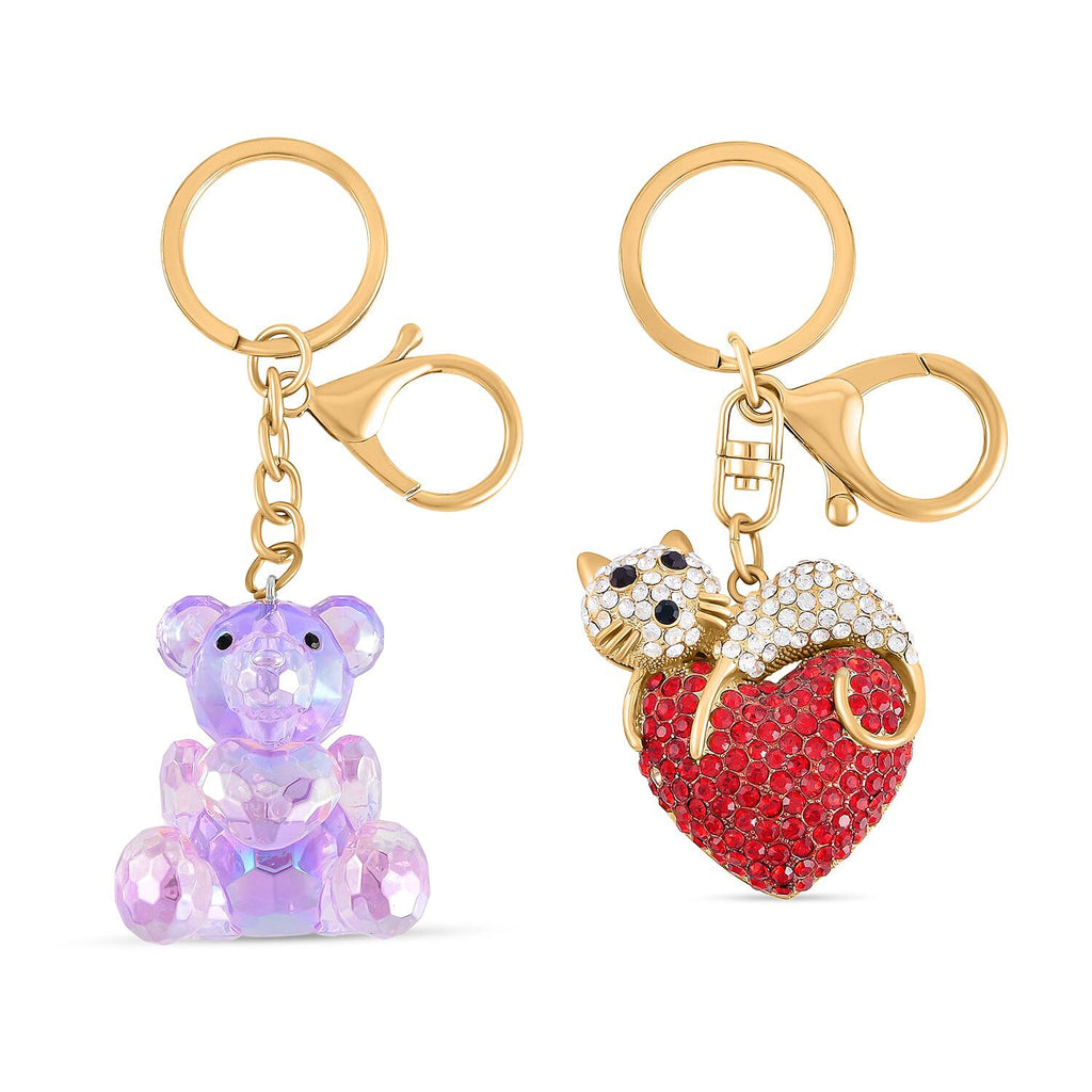 Set of 2 - Black & Multi Colour Austrian Crystal Bear & Cat Keychain in Yellow Gold Tone