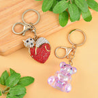 Set of 2 - Black & Multi Colour Austrian Crystal Bear & Cat Keychain in Yellow Gold Tone