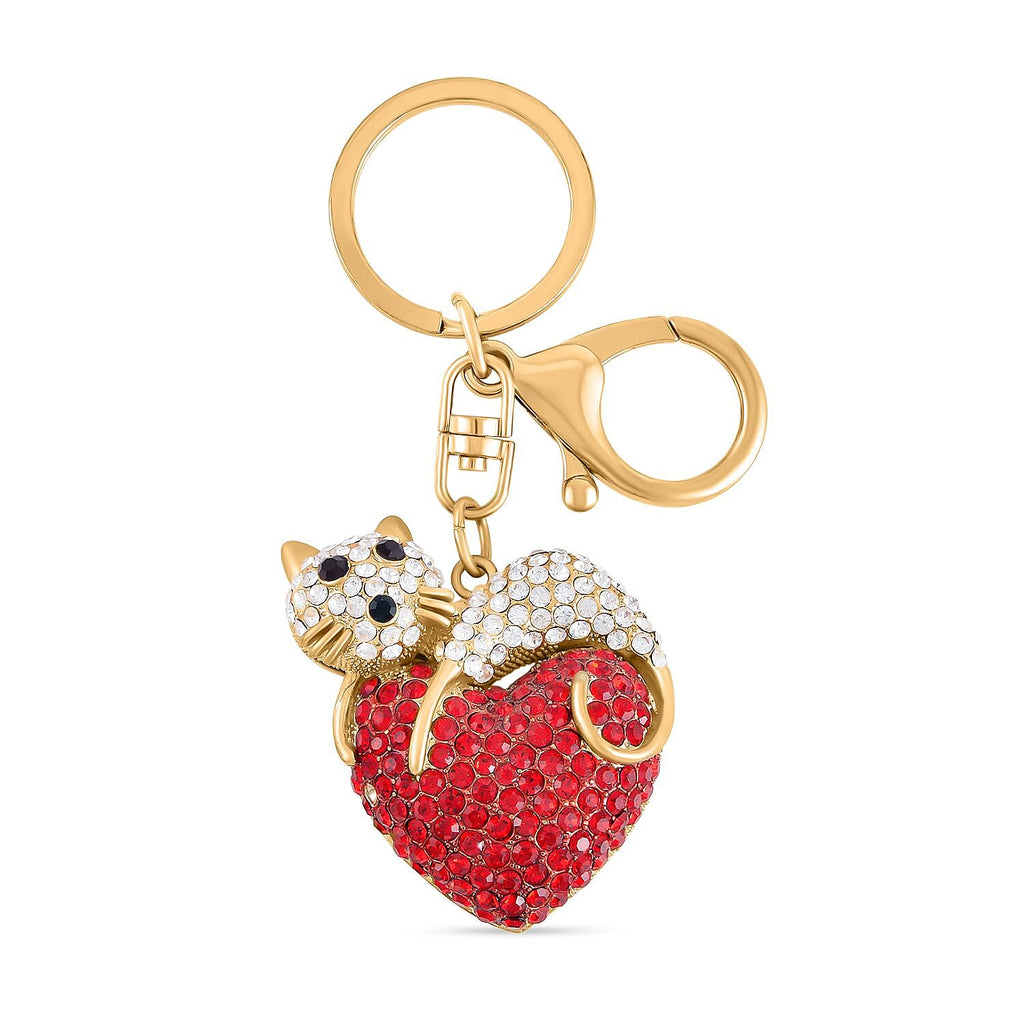 Set of 2 - Black & Multi Colour Austrian Crystal Bear & Cat Keychain in Yellow Gold Tone