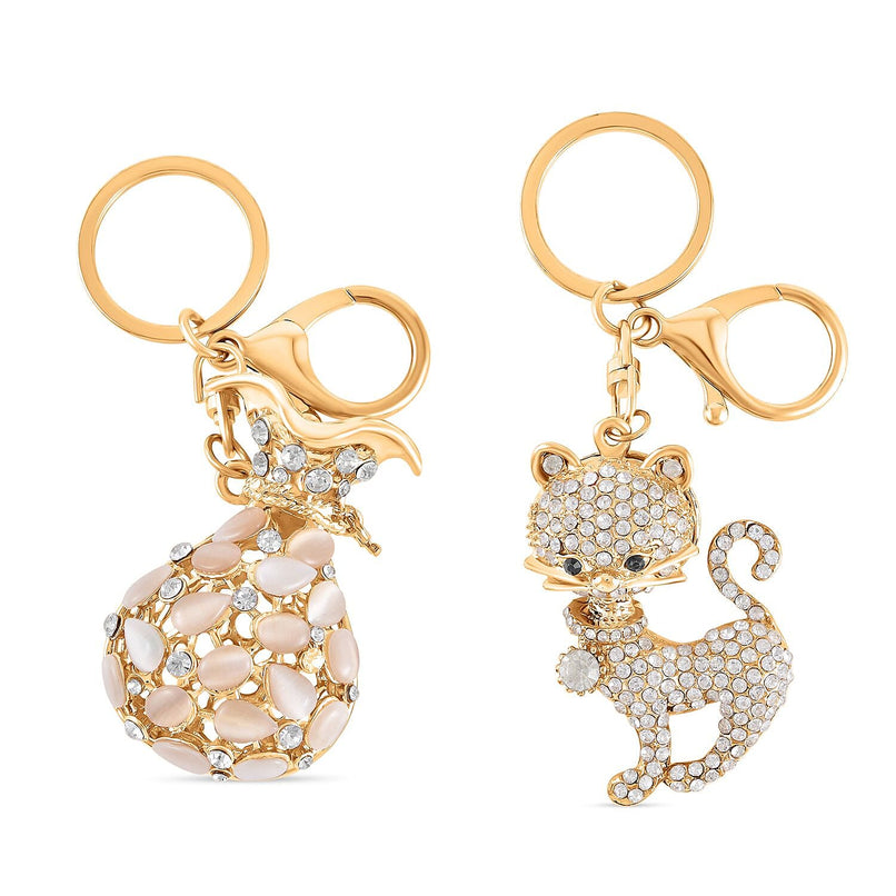 Set of 2 - Created White Cats Eye, Black & White Austrian Crystal Vas & Cat Keychain In Yellow Gold Tone