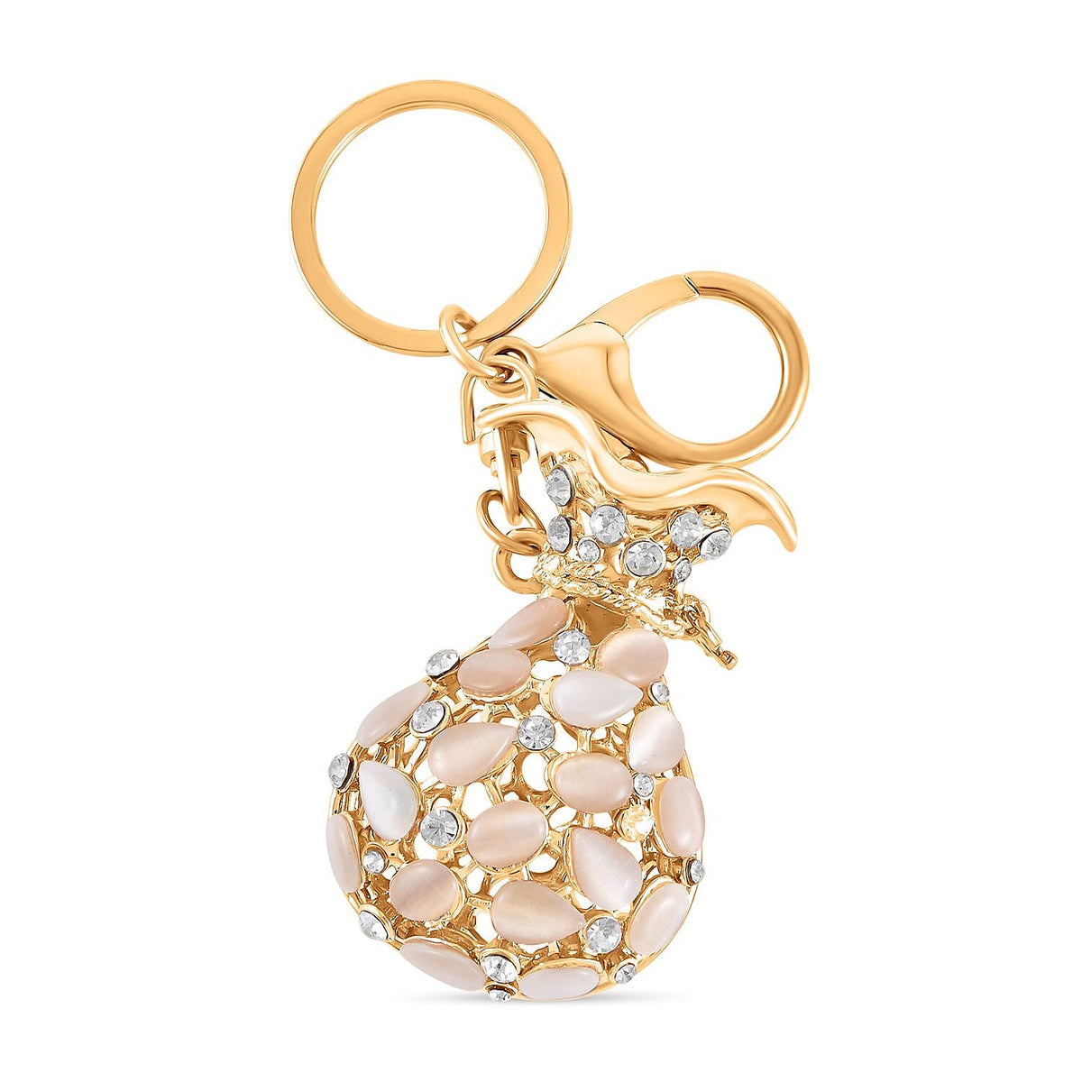 Set of 2 - Created White Cats Eye, Black &amp; White Austrian Crystal Vas &amp; Cat Keychain In Yellow Gold Tone V32646790 3