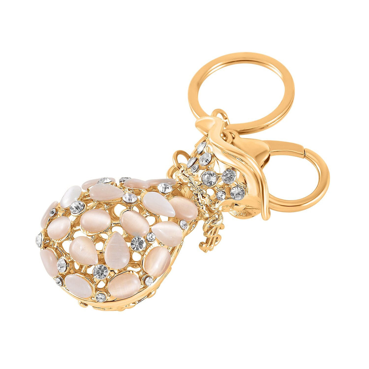 Set of 2 - Created White Cats Eye, Black &amp; White Austrian Crystal Vas &amp; Cat Keychain In Yellow Gold Tone V32646790 4