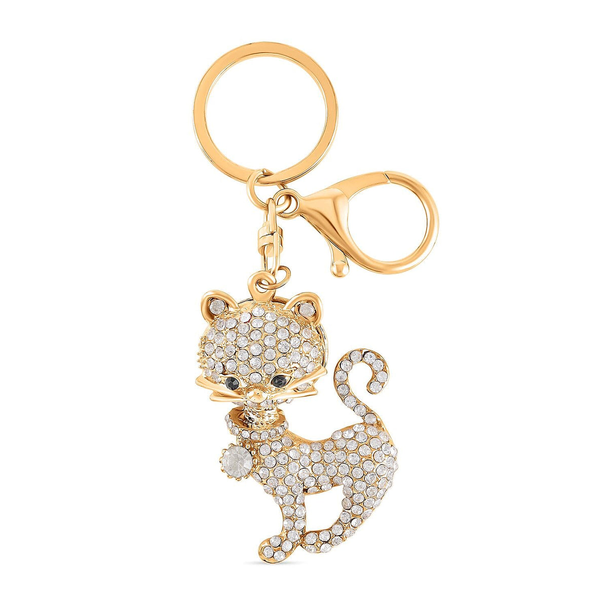 Set of 2 - Created White Cats Eye, Black &amp; White Austrian Crystal Vas &amp; Cat Keychain In Yellow Gold Tone V32646790 6