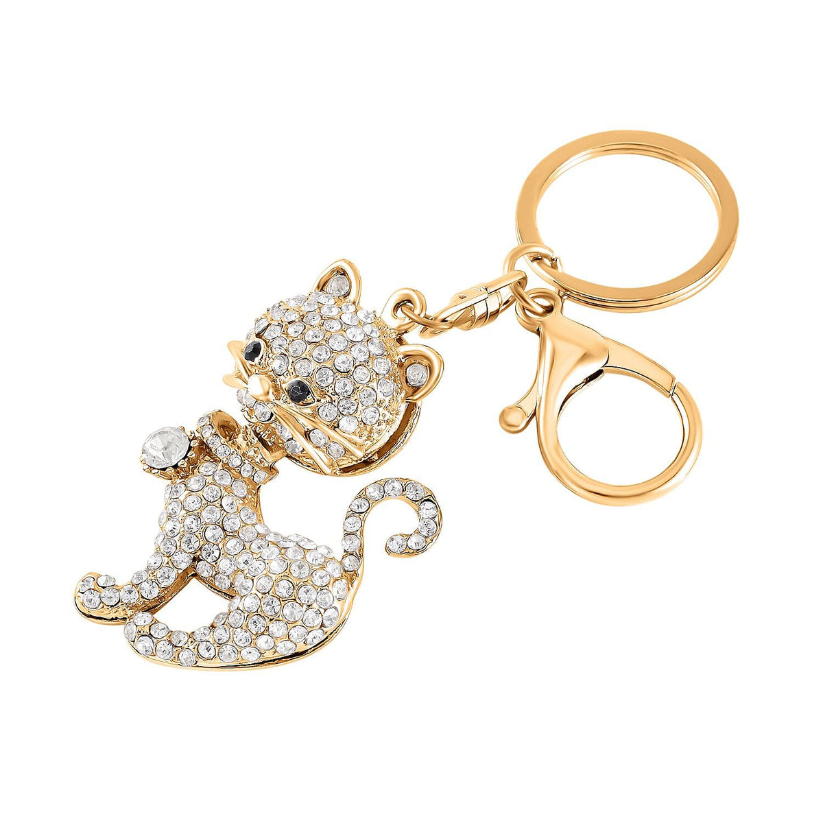 Set of 2 - Created White Cats Eye, Black &amp; White Austrian Crystal Vas &amp; Cat Keychain In Yellow Gold Tone V32646790 7