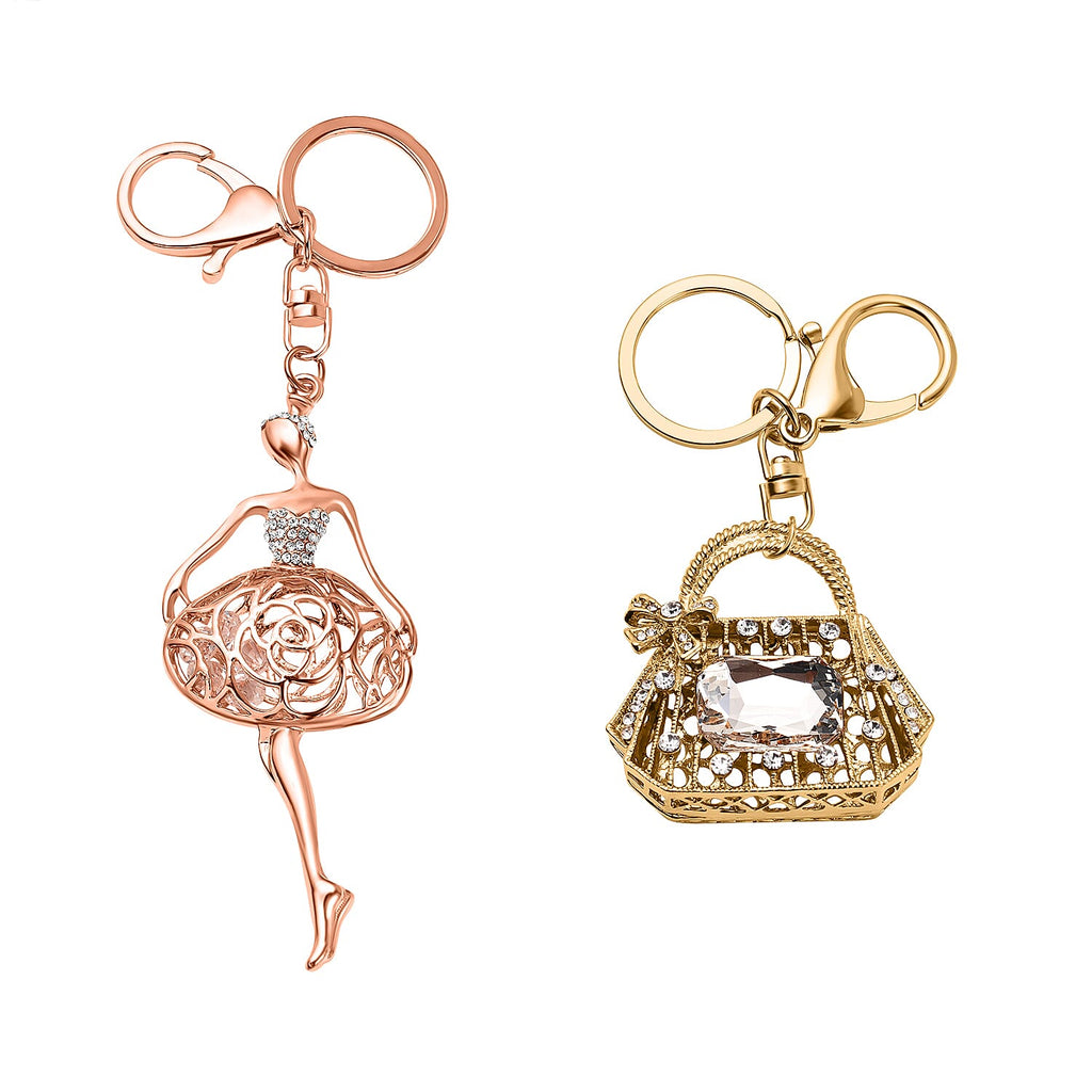 Set of 2 - White Austrian Crystal Ballerina Dancer & Pouch Keychain in Yellow Gold Tone