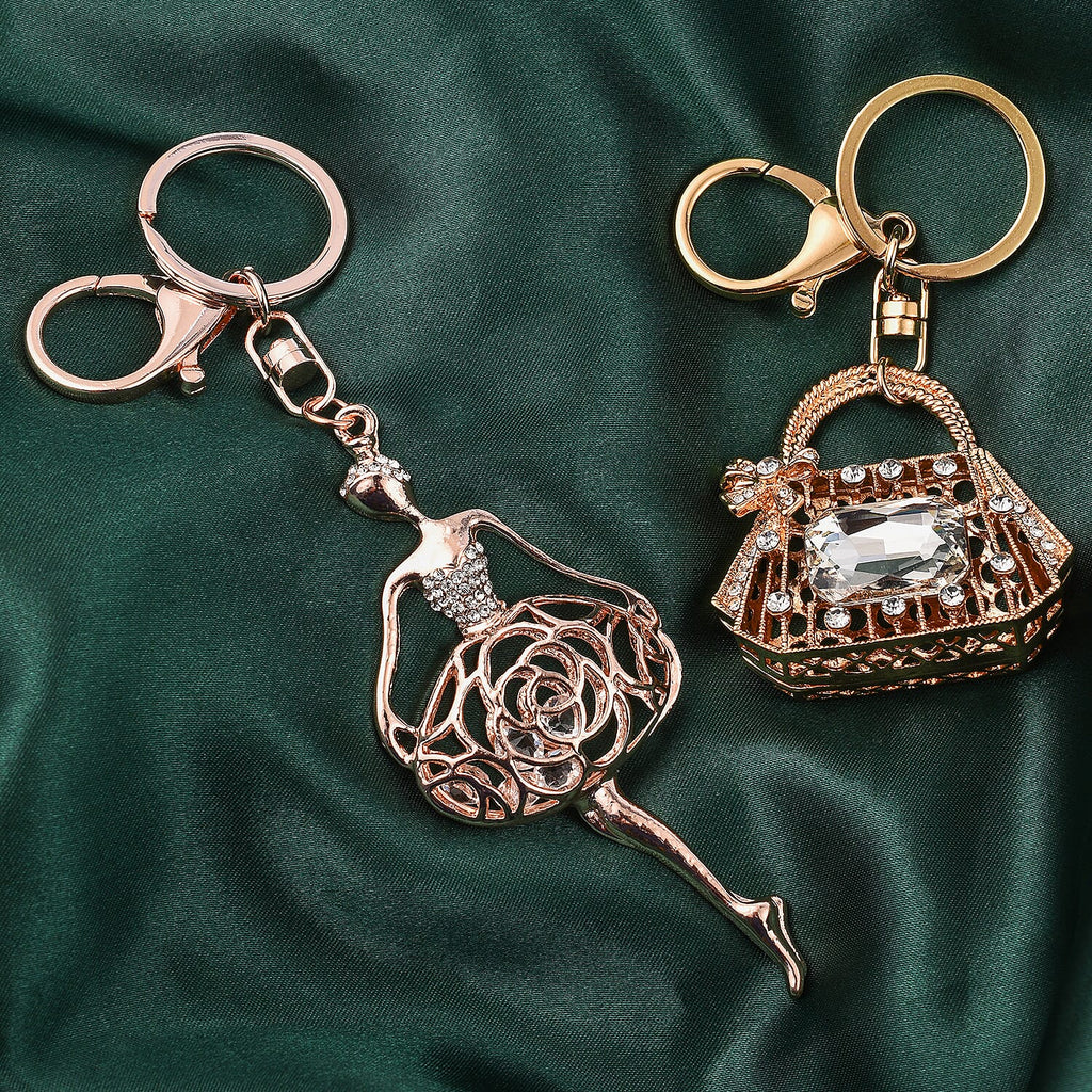 Set of 2 - White Austrian Crystal Ballerina Dancer & Pouch Keychain in Yellow Gold Tone