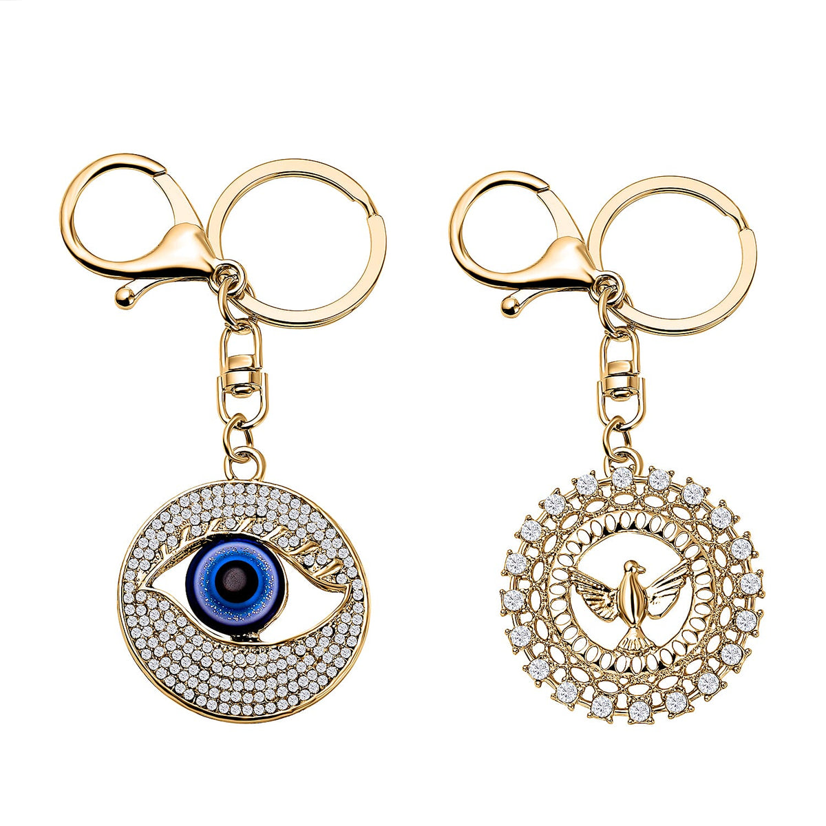 Set of 2 - White Austrian Crystal Evil Eye &amp; Bird Keychain in Yellow Gold Tone 4177552 0