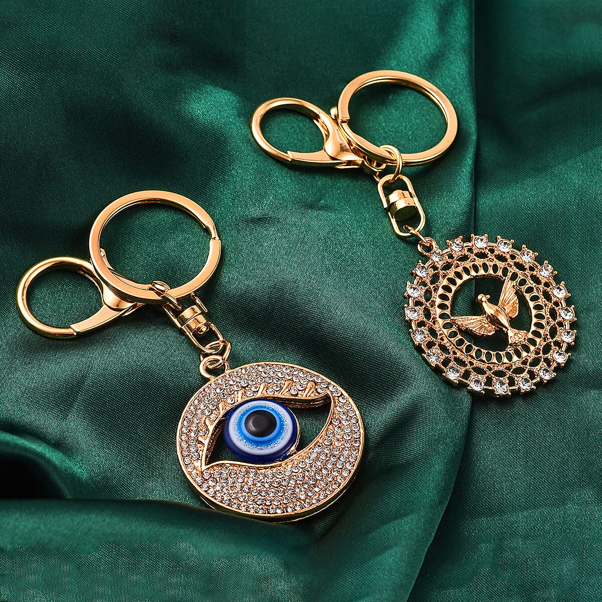 Set of 2 - White Austrian Crystal Evil Eye &amp; Bird Keychain in Yellow Gold Tone 4177552 2