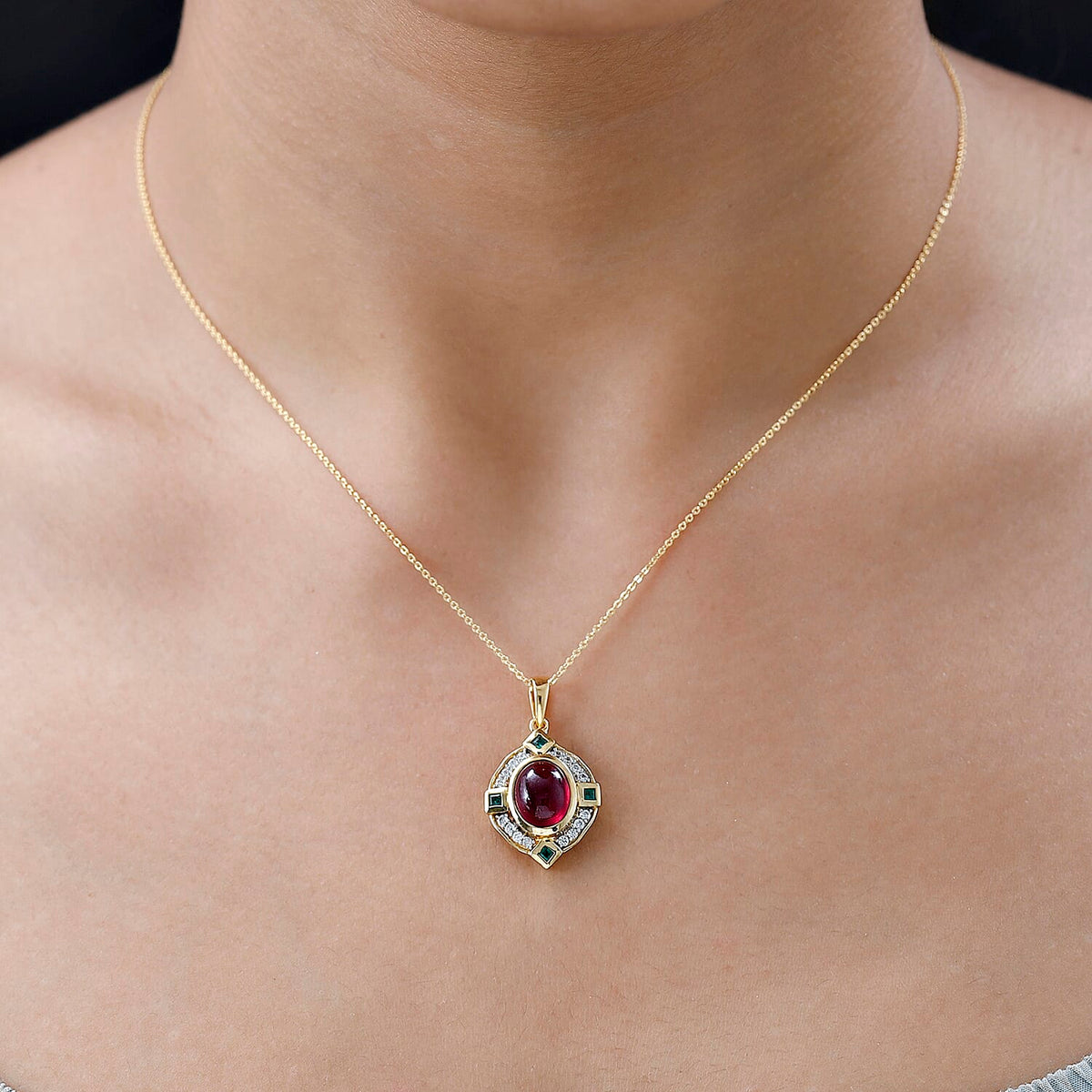 African Ruby, White Zircon, Zambian Emerald Pendant with Chain (Size 20) in 18K Vermeil YG Sterling Silver 4206968 1