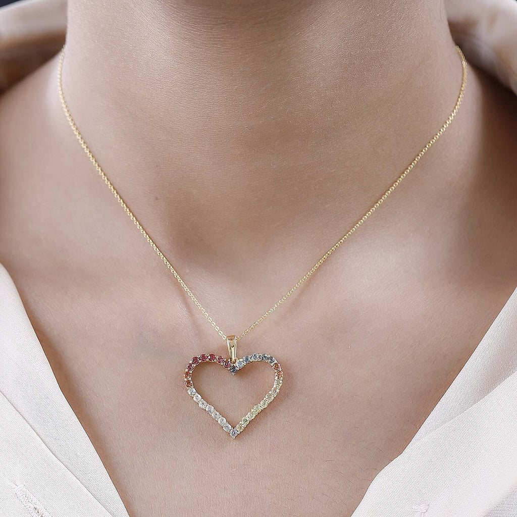 Multi Sapphire Heart Pendant with Chain (Size 20) in 18K Vermeil Yellow Gold Plated Sterling Silver 1.60 Ct