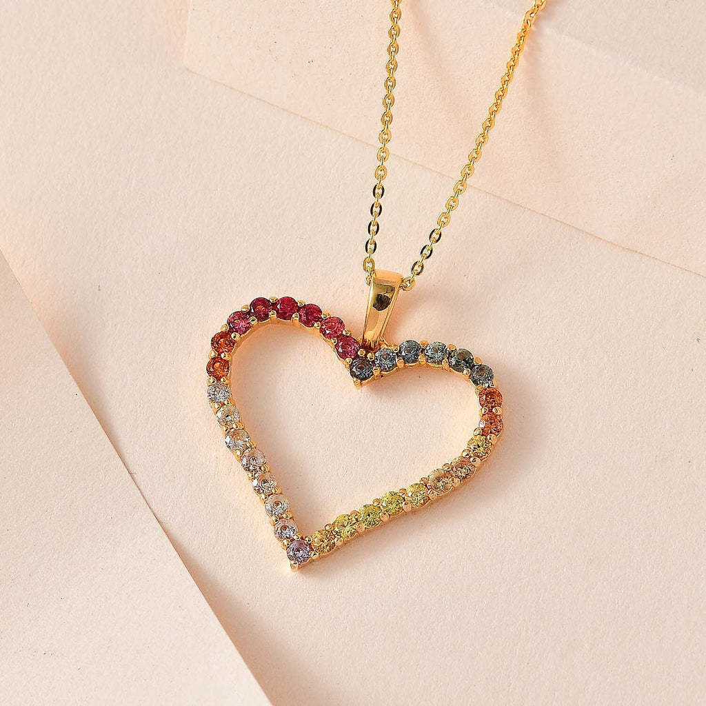 Multi Sapphire Heart Pendant with Chain (Size 20) in 18K Vermeil Yellow Gold Plated Sterling Silver 1.60 Ct