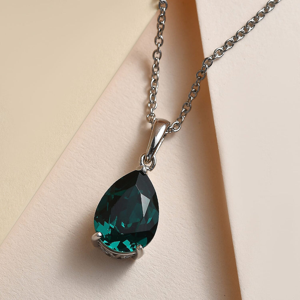 Emerald Finest Austrian Crystal Platinum Overlay Sterling Silver Solitaire Pendant with Stainless Steel Chain 4.85 Ct.