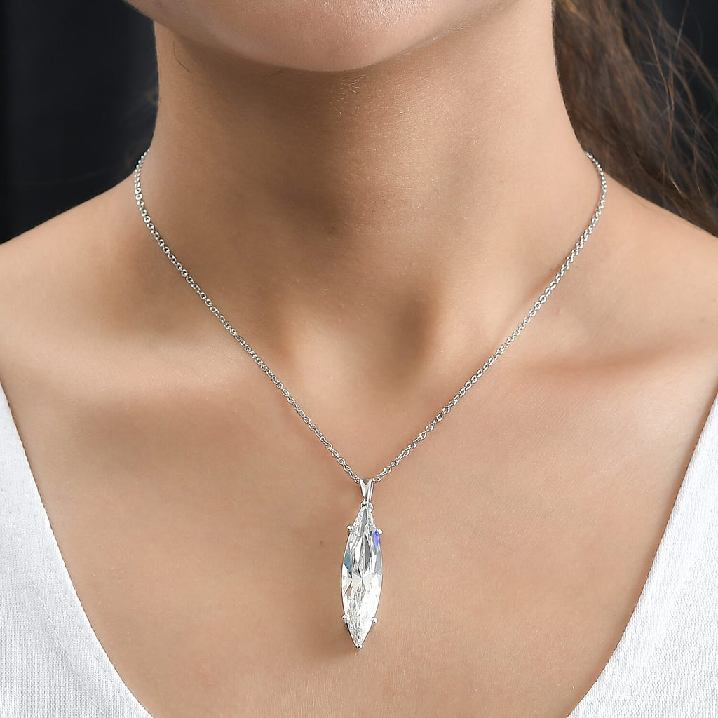 White Finest Austrian Crystal Platinum Overlay Sterling Silver Solitaire Pendant with Stainless Steel Chain (Size 20)