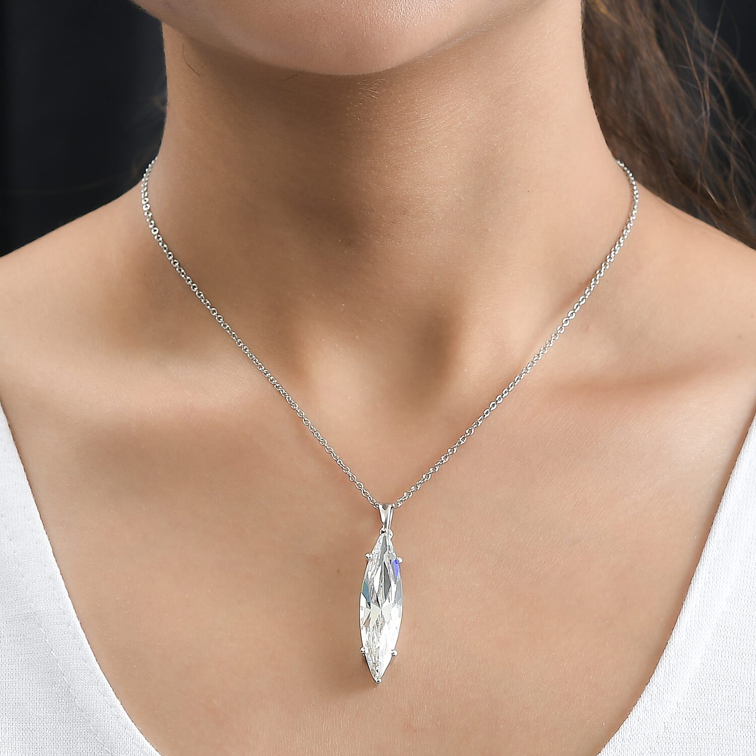 White Finest Austrian Crystal Platinum Overlay Sterling Silver Solitaire Pendant with Stainless Steel Chain (Size 20) 4226830 1