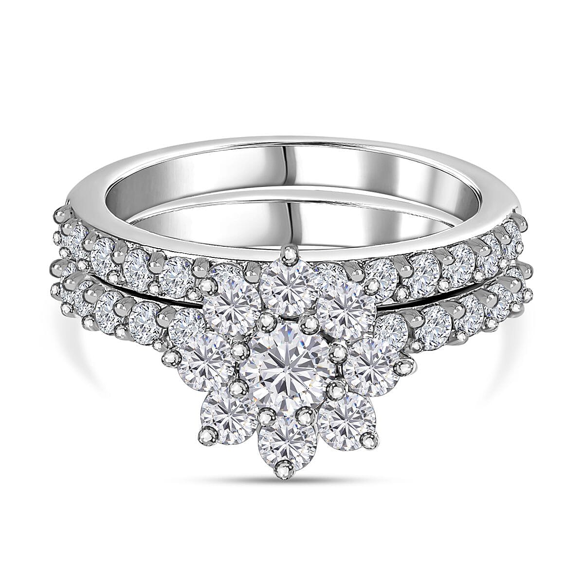 Set of 2 - Moissanite Floral Ring in Platinum Overlay Sterling Silver 1.33 Ct. V32566041 0