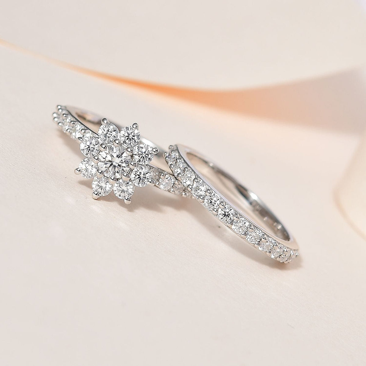 Set of 2 - Moissanite Floral Ring in Platinum Overlay Sterling Silver 1.33 Ct. V32566041 1