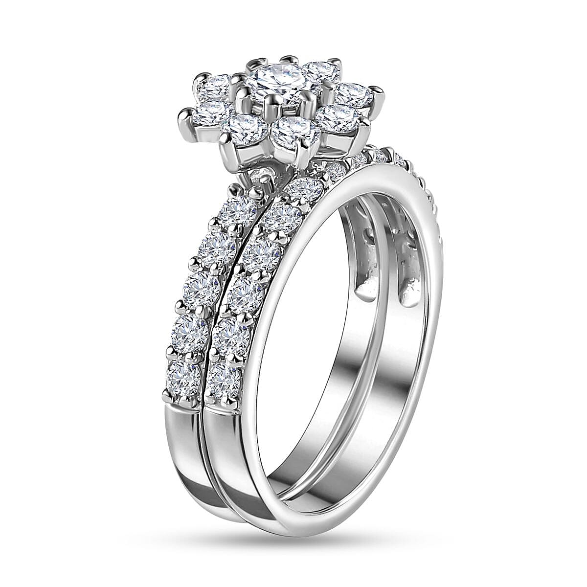 Set of 2 - Moissanite Floral Ring in Platinum Overlay Sterling Silver 1.33 Ct. V32566041 3