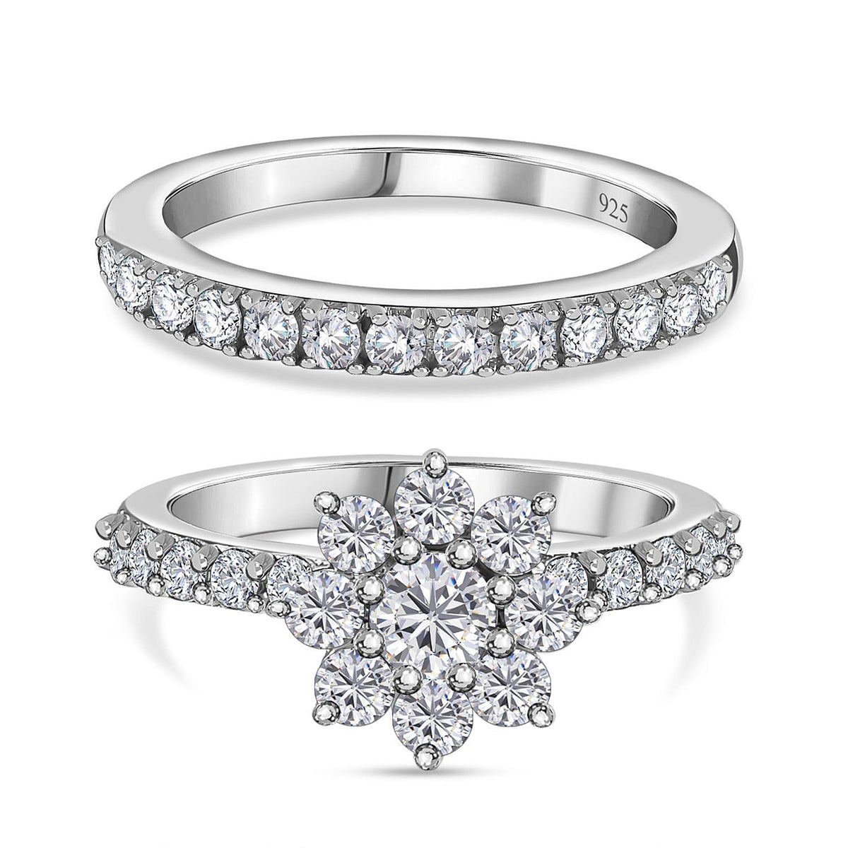 Set of 2 - Moissanite Floral Ring in Platinum Overlay Sterling Silver 1.33 Ct. V32566041 4
