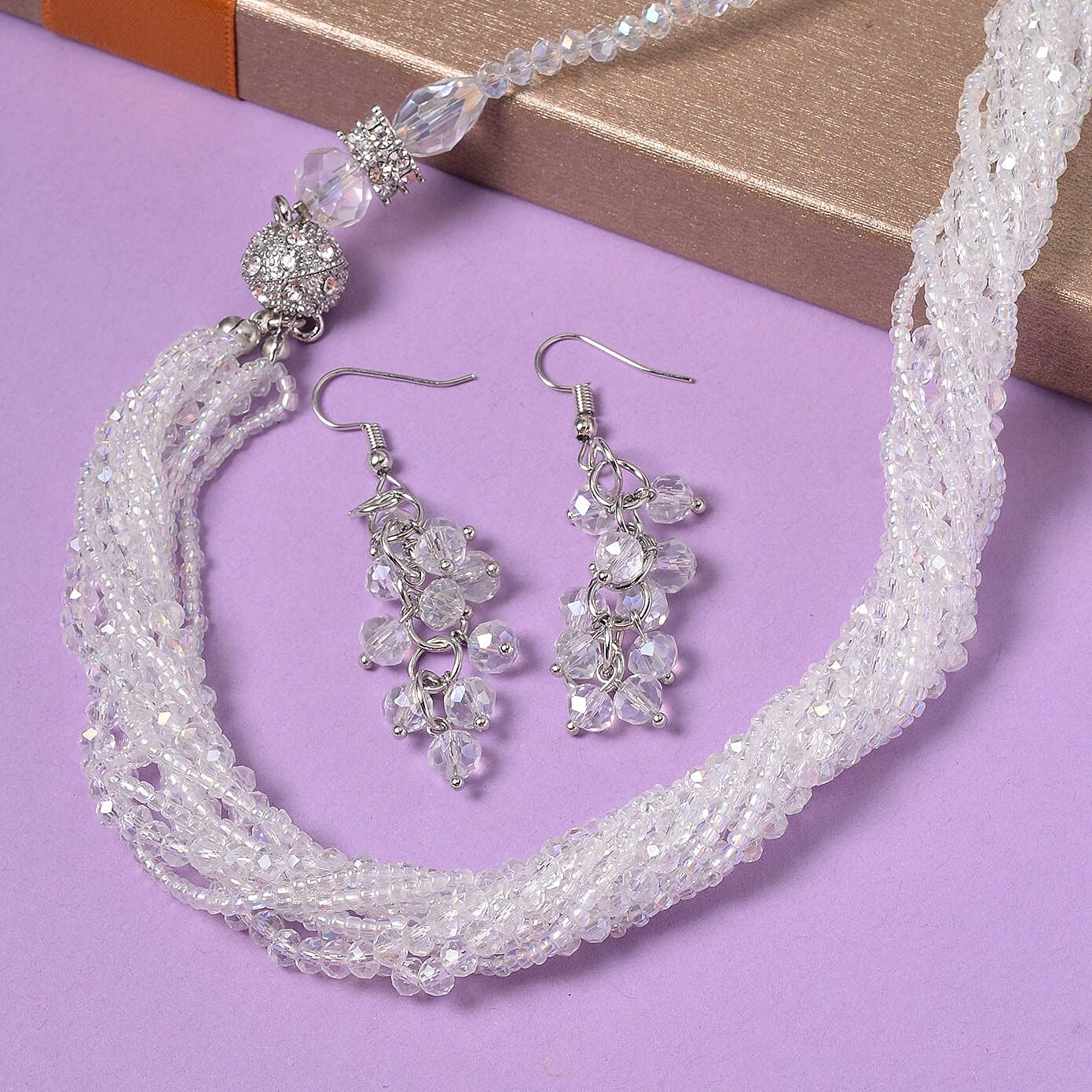 3 Piece Set - White Austrian Crystal Necklace (Size 18 &amp; 16) and Earrings 4227185 1