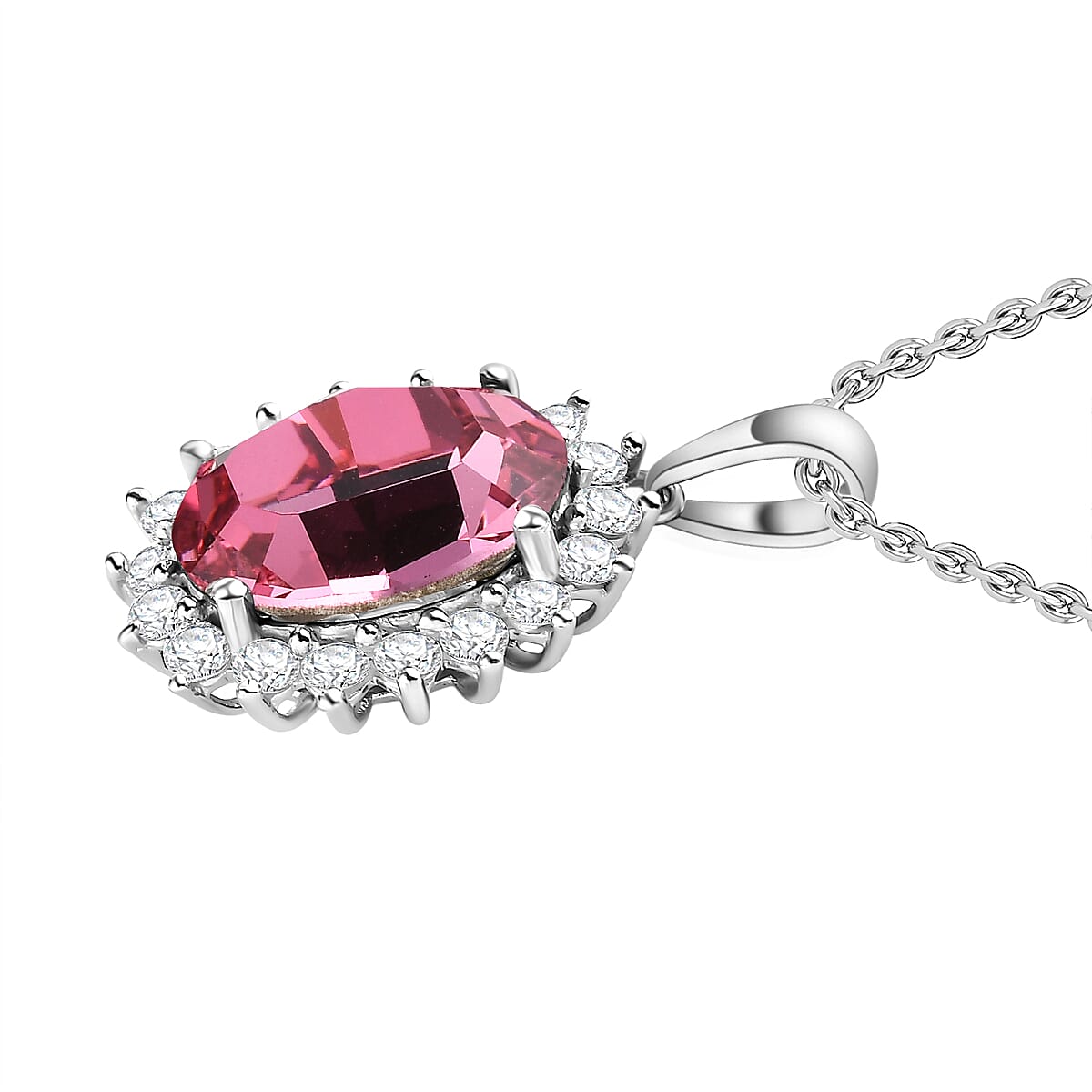 White Cubic Zirconia &amp; Rose Finest Austrian Crystal Platinum Overlay Sterling Silver Halo Pendant with Stainless Steel Chain (Size 20) 4228698 2