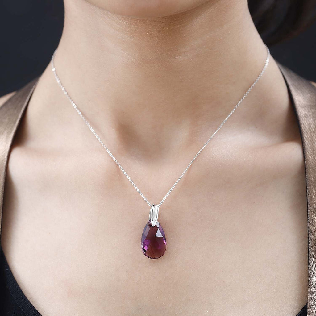 Foilback Amethyst Finest Austrian Crystal Solitaire Pendant with Chain (Size 20) in Platinum Overlay Sterling Silver