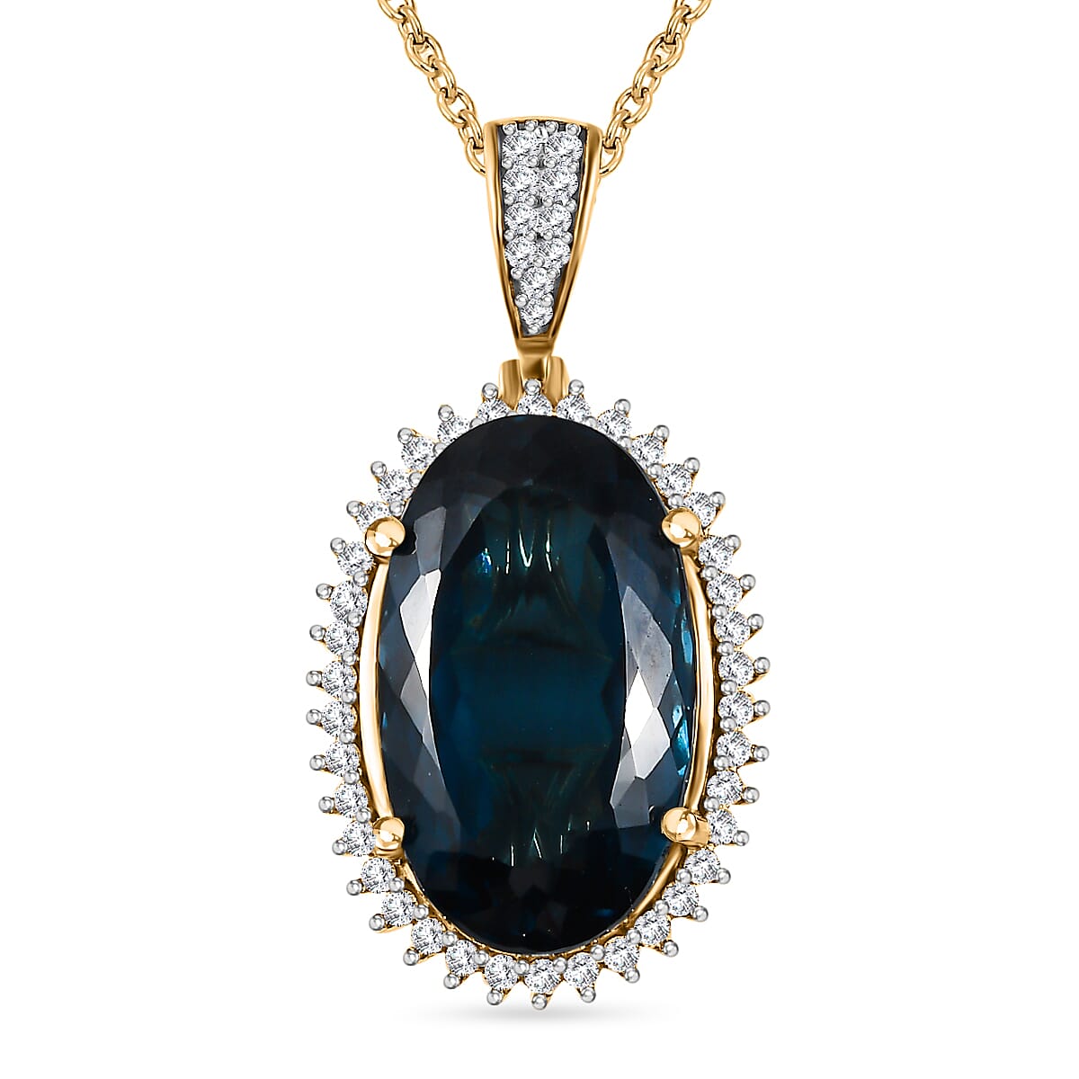 London Blue Topaz and Natural Zircon Halo Pendant with Chain (Size 20) in 18K Yellow Gold Vermeil Plated Sterling Silver 25.48 Ct, Silver Wt. 9.00 Gms 4230489 0