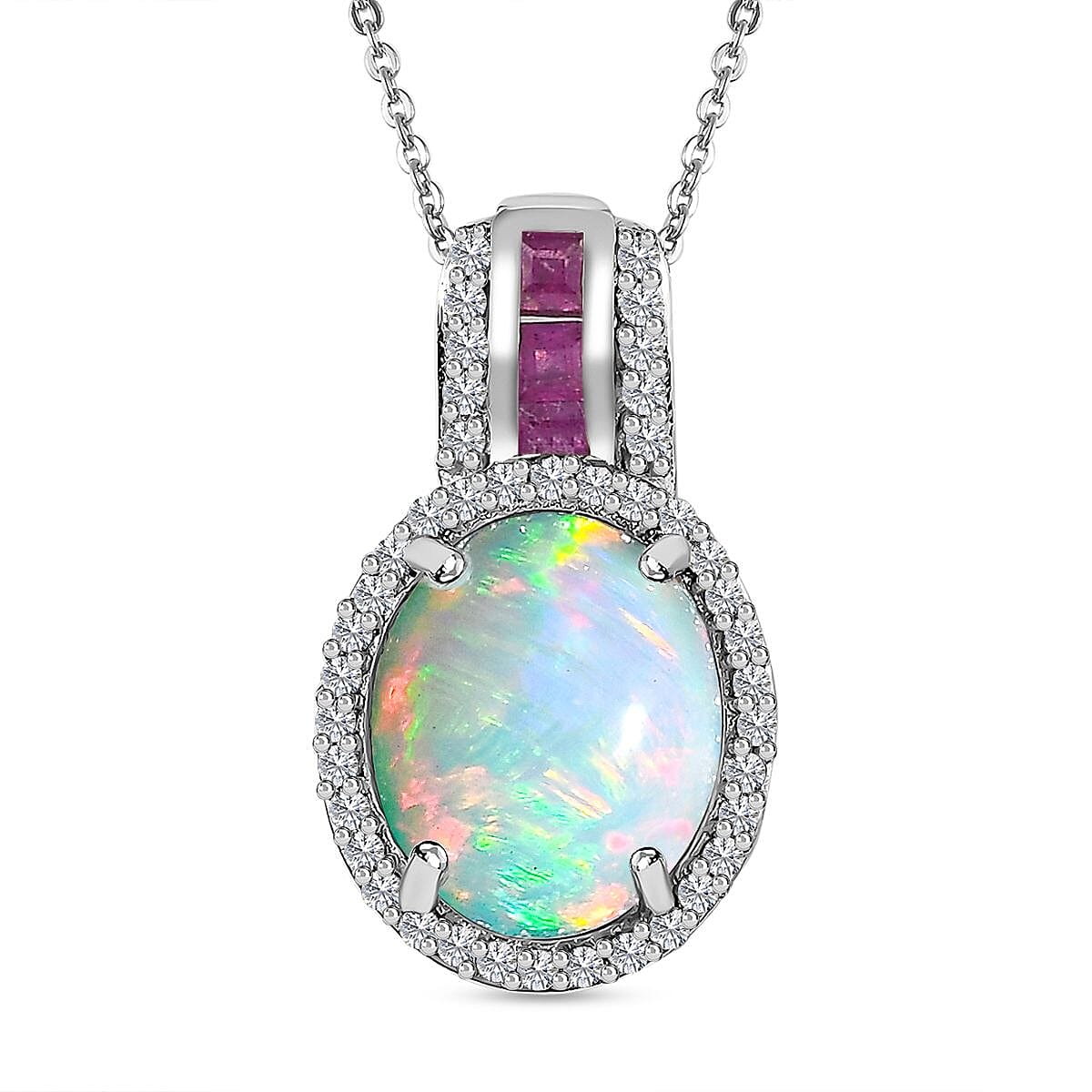Ethiopian Welo Opal, African Ruby and Natural Zircon Pendant with Chain (Size 20) in Platinum Overlay Sterling Silver 2.40 Ct. 4235507 0