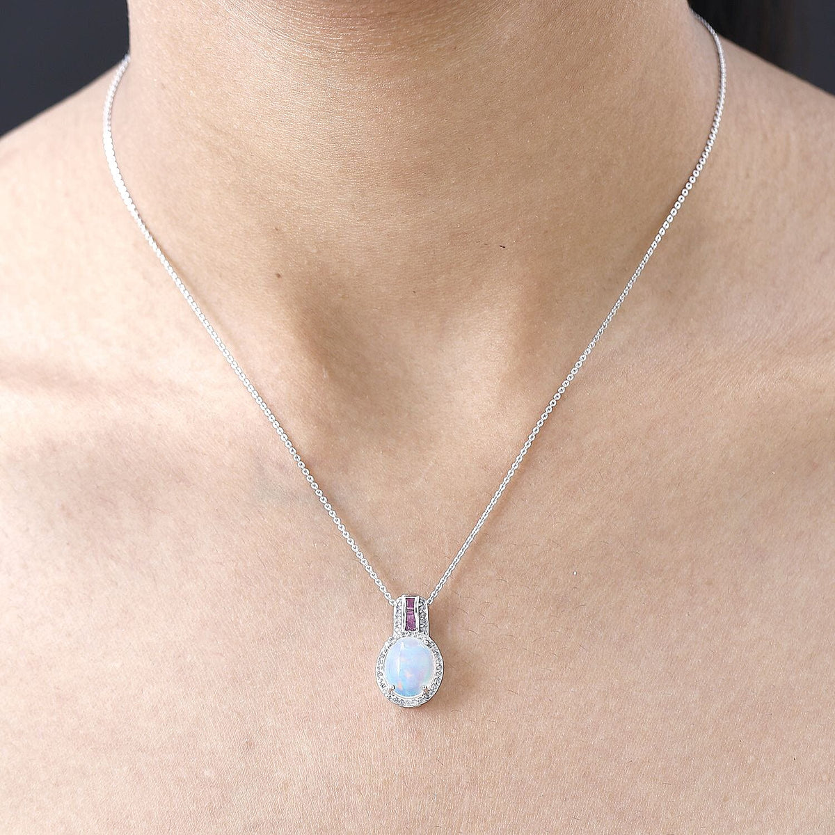 Ethiopian Welo Opal, African Ruby and Natural Zircon Pendant with Chain (Size 20) in Platinum Overlay Sterling Silver 2.40 Ct. 4235507 1