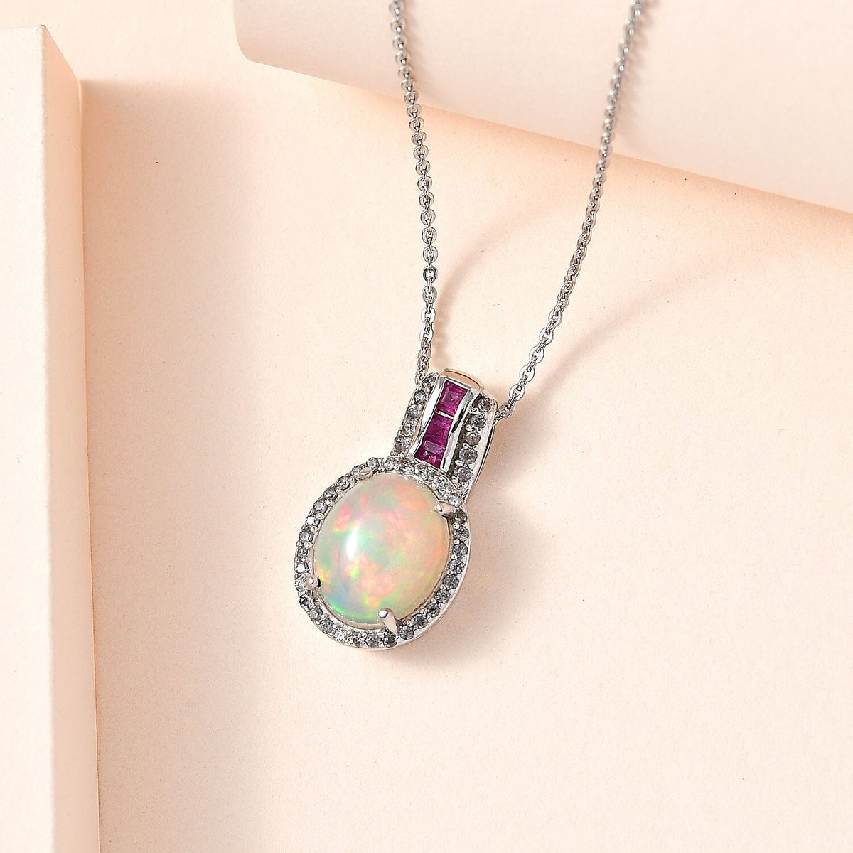 Ethiopian Welo Opal, African Ruby and Natural Zircon Pendant with Chain (Size 20) in Platinum Overlay Sterling Silver 2.40 Ct. 4235507 2