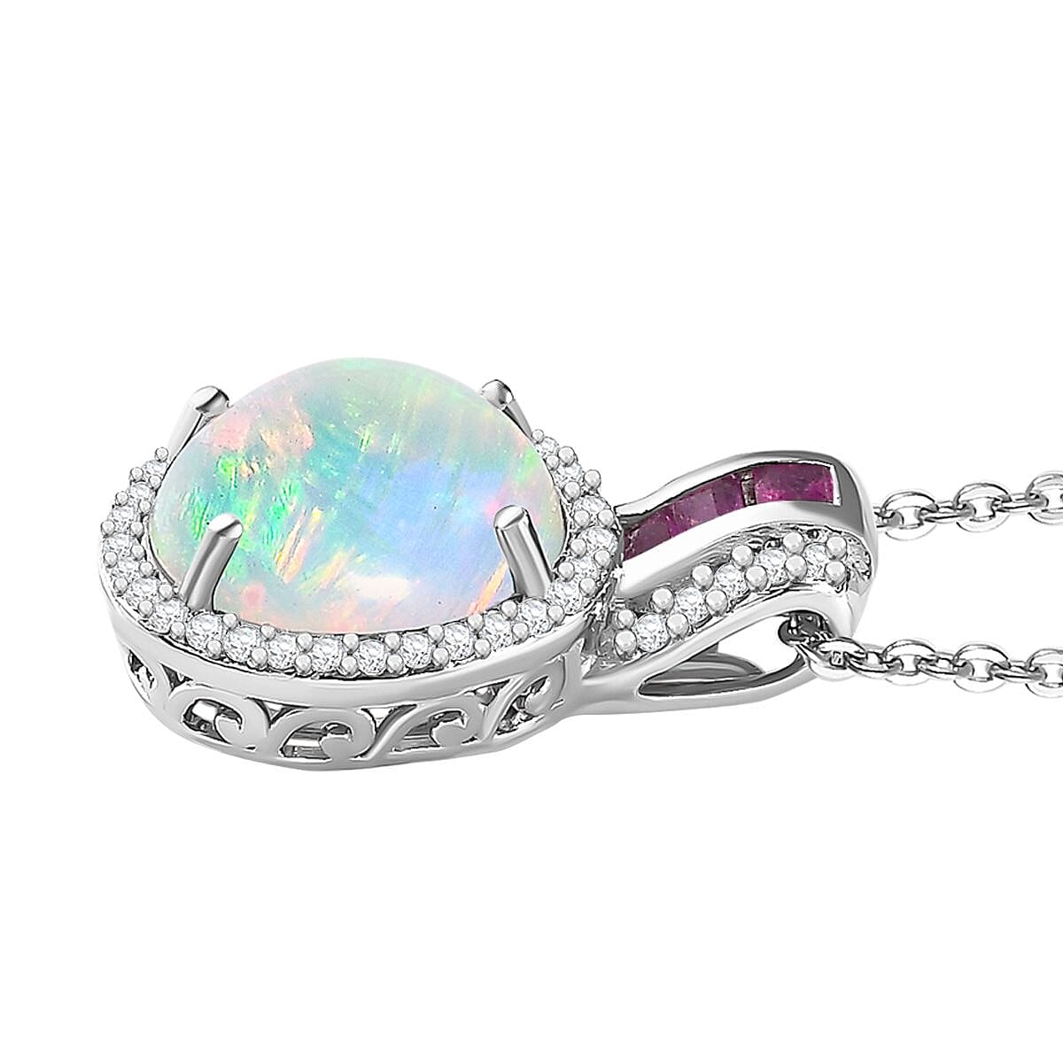 Ethiopian Welo Opal, African Ruby and Natural Zircon Pendant with Chain (Size 20) in Platinum Overlay Sterling Silver 2.40 Ct. 4235507 4