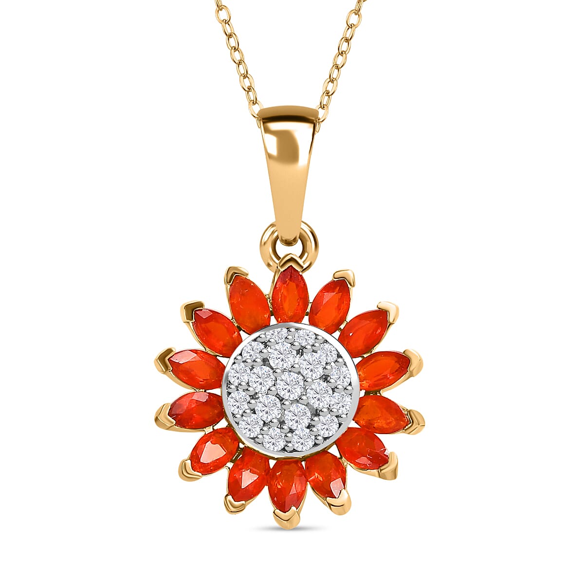Salamanca Fire Opal and Natural Zircon Sunflower Pendant with Chain (Size 20) in 18K Vermeil Yellow Gold Plated Sterling Silver 4243350 0