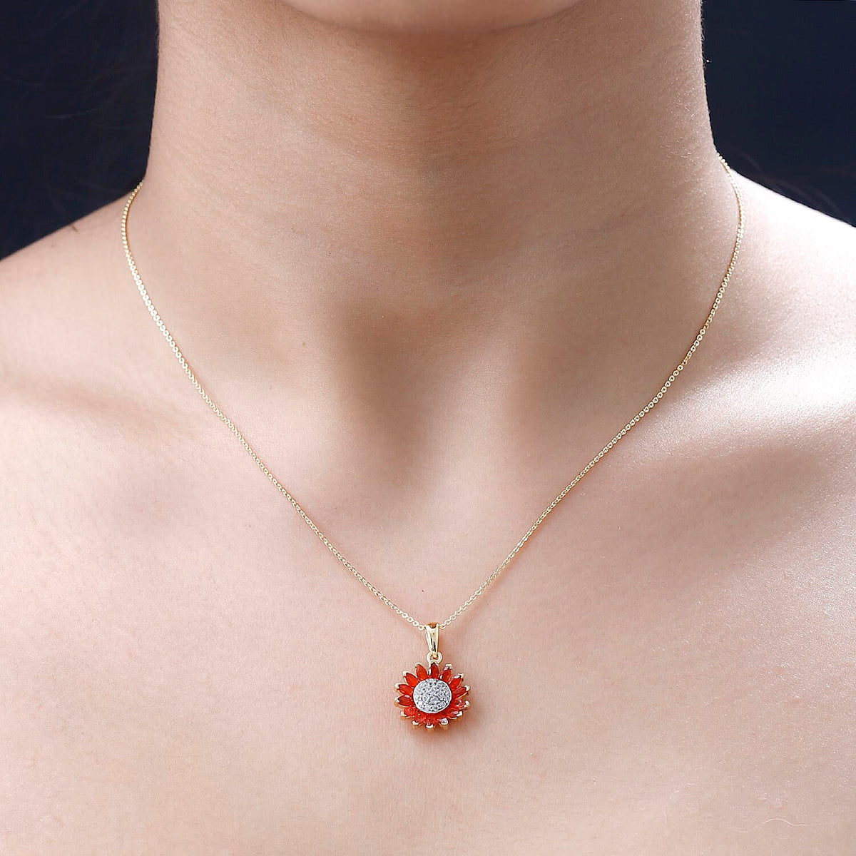 Salamanca Fire Opal and Natural Zircon Sunflower Pendant with Chain (Size 20) in 18K Vermeil Yellow Gold Plated Sterling Silver 4243350 1