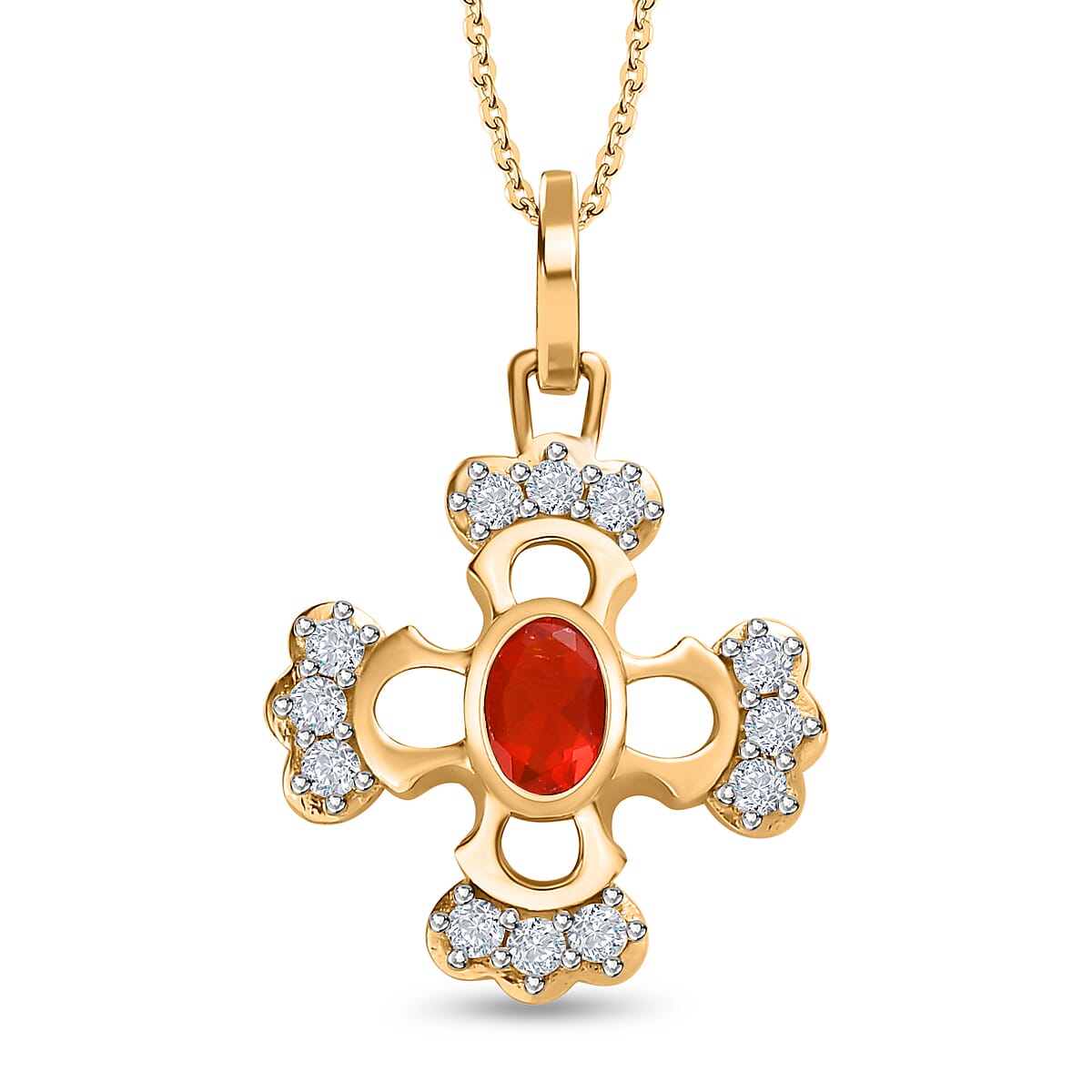 Salamanca Fire Opal and Natural Zircon Cross Pendant with Chain (Size 20) in 18K Vermeil Yellow Gold Plated Sterling Silver 4243358 0