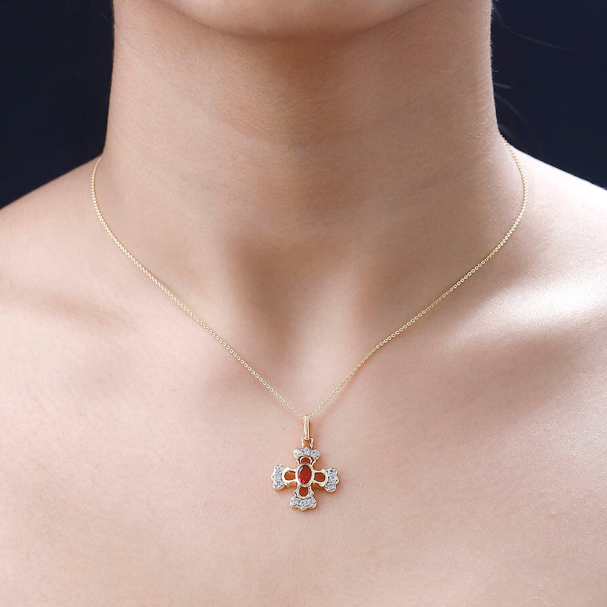 Salamanca Fire Opal and Natural Zircon Cross Pendant with Chain (Size 20) in 18K Vermeil Yellow Gold Plated Sterling Silver 4243358 1