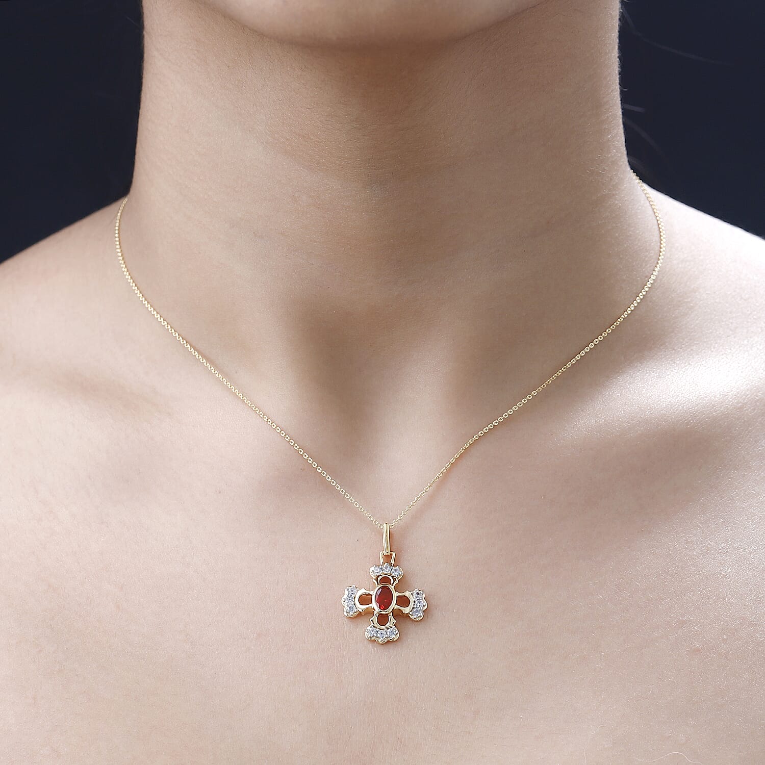 Salamanca Fire Opal and Natural Zircon Cross Pendant with Chain (Size 20) in 18K Vermeil Yellow Gold Plated Sterling Silver 4243358 1