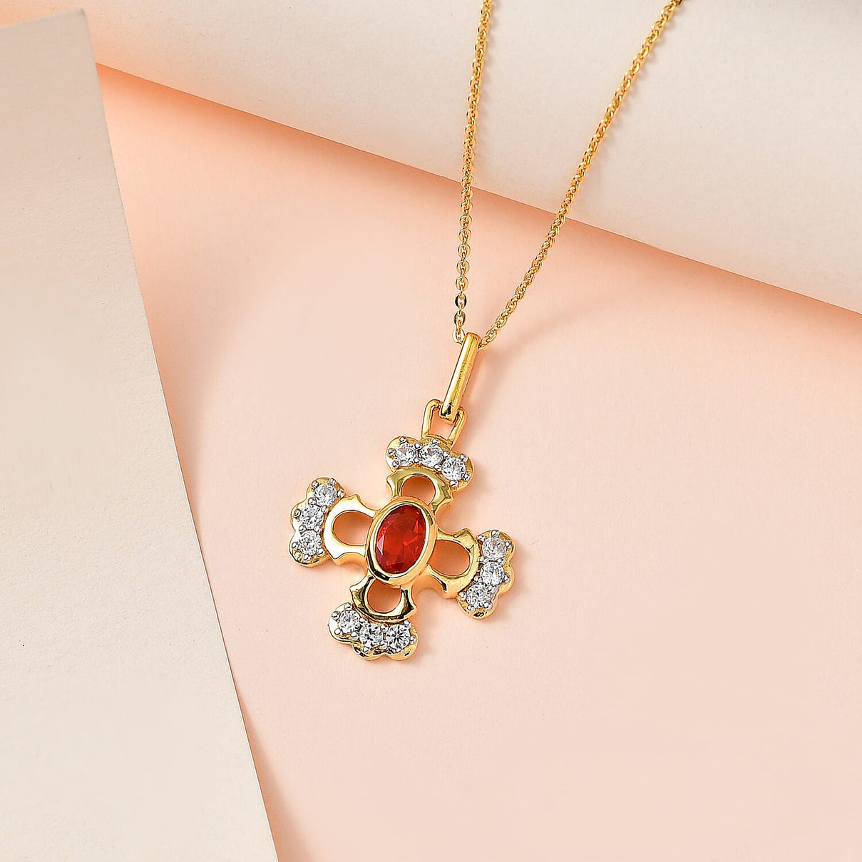 Salamanca Fire Opal and Natural Zircon Cross Pendant with Chain (Size 20) in 18K Vermeil Yellow Gold Plated Sterling Silver 4243358 2
