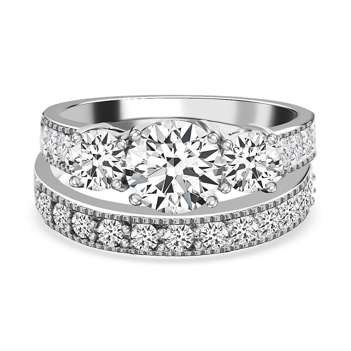 Set of 2 -  White Cubic Zirconia Ring in Rhodium Overlay Sterling Silver 1.38 ct  Silver Wt. 6.25 Gms  4.920  Ct. 4243885 0