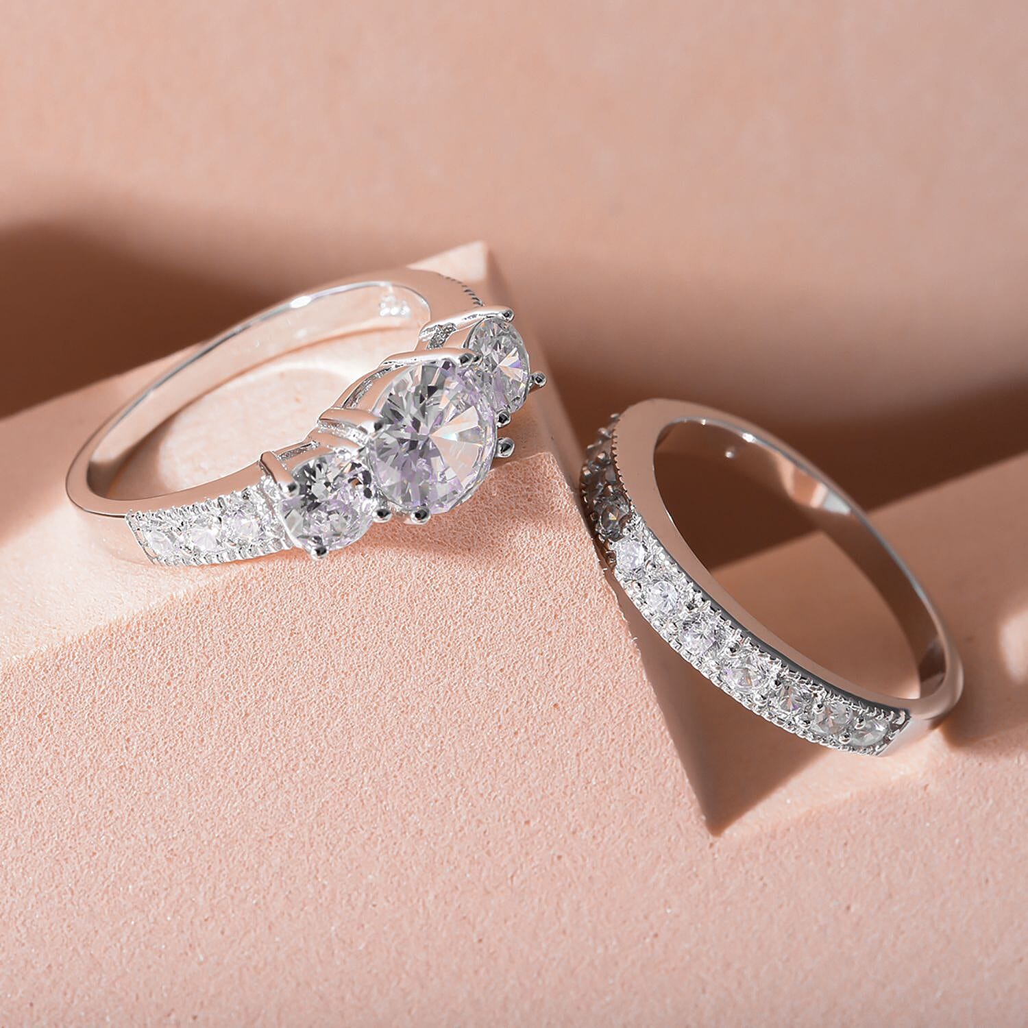 Set of 2 -  White Cubic Zirconia Ring in Rhodium Overlay Sterling Silver 1.38 ct  Silver Wt. 6.25 Gms  4.920  Ct. 4243885 1