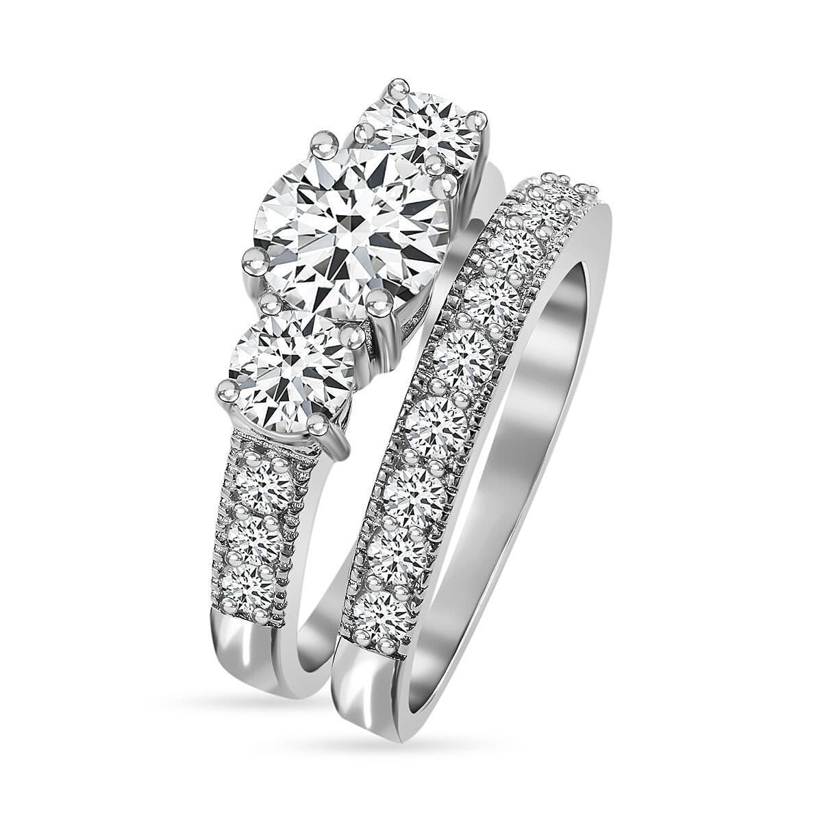 Set of 2 -  White Cubic Zirconia Ring in Rhodium Overlay Sterling Silver 1.38 ct  Silver Wt. 6.25 Gms  4.920  Ct. 4243885 3