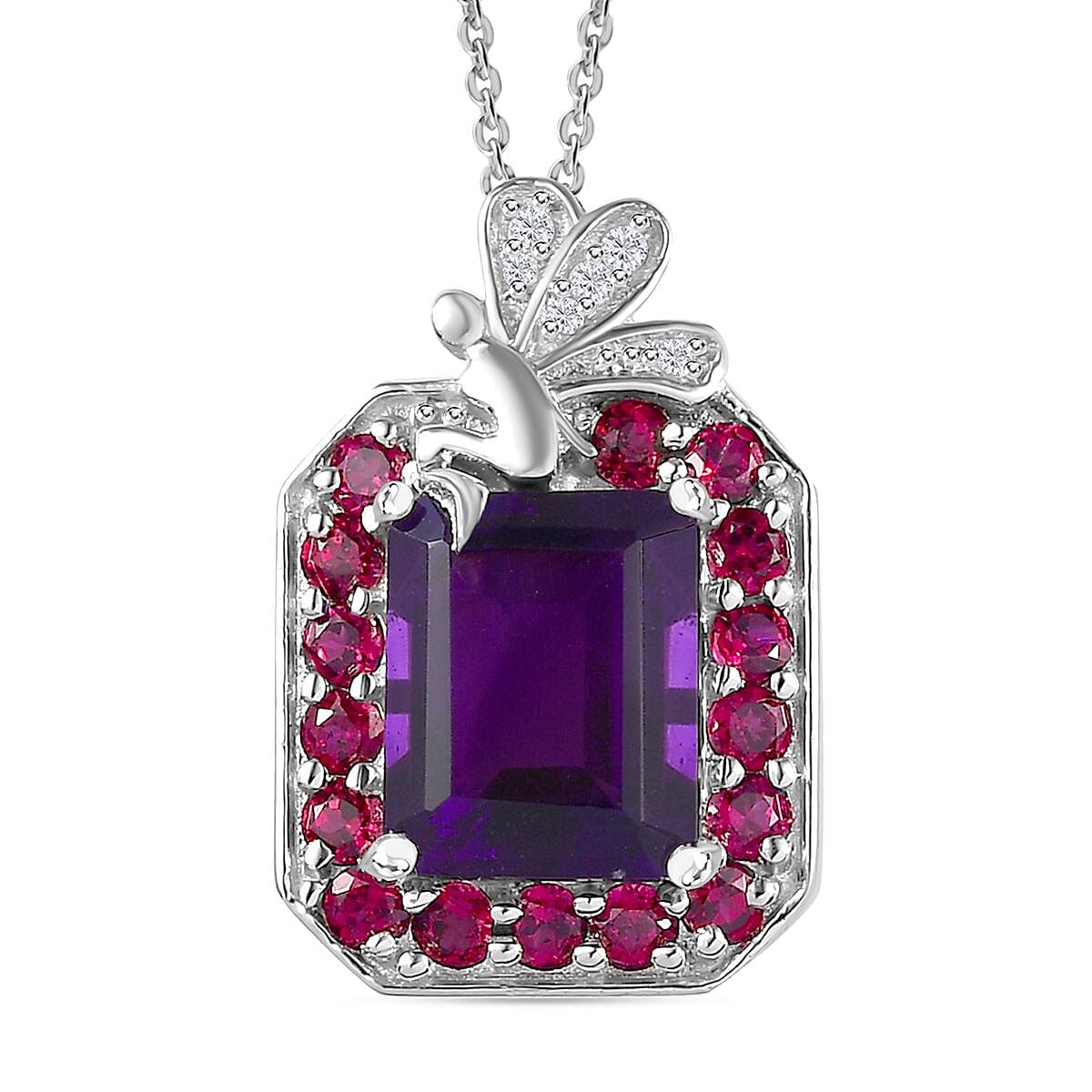 AAA Amethyst, Rhodolite Garnet &amp; Natural Zircon Halo Pendant with Chain (Size 20) in Platinum Overlay Sterling Silver 4.74 Ct 4244769 0