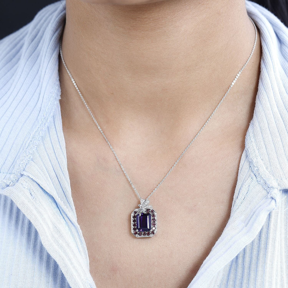 AAA Amethyst, Rhodolite Garnet &amp; Natural Zircon Halo Pendant with Chain (Size 20) in Platinum Overlay Sterling Silver 4.74 Ct 4244769 1