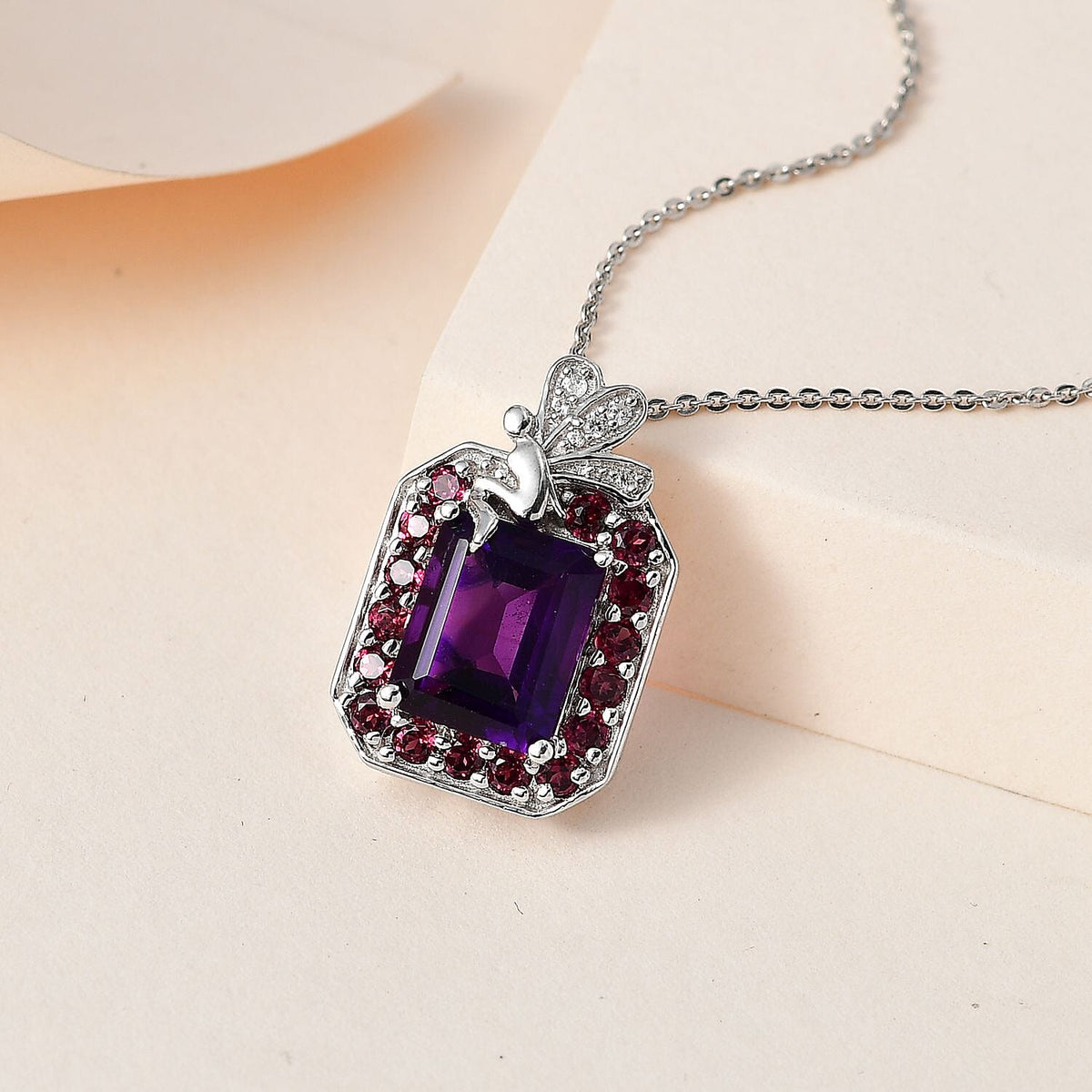 AAA Amethyst, Rhodolite Garnet &amp; Natural Zircon Halo Pendant with Chain (Size 20) in Platinum Overlay Sterling Silver 4.74 Ct 4244769 2