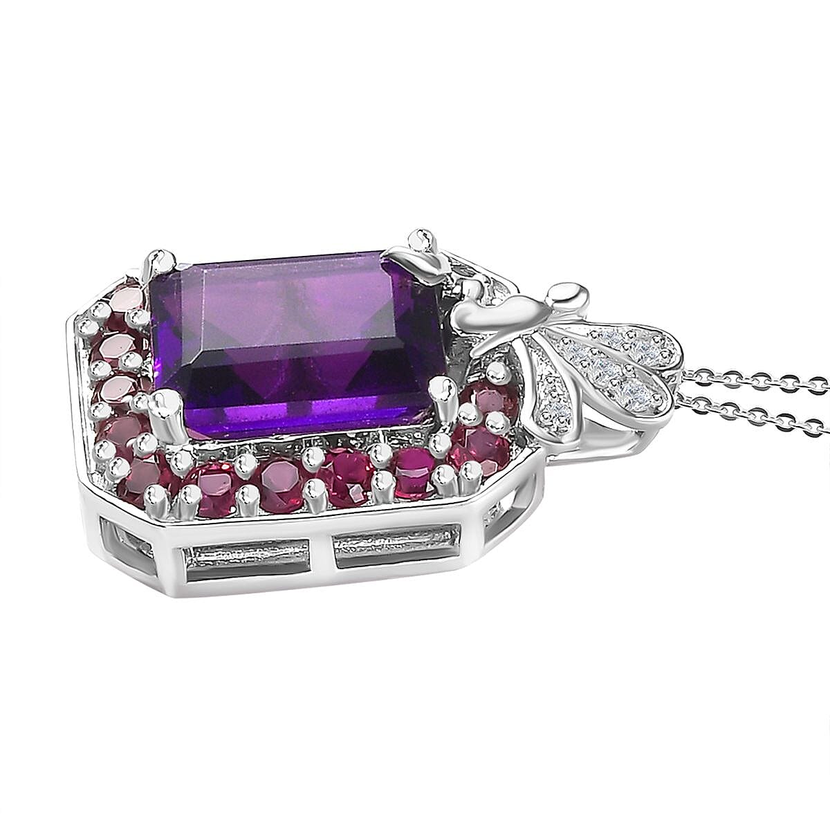 AAA Amethyst, Rhodolite Garnet &amp; Natural Zircon Halo Pendant with Chain (Size 20) in Platinum Overlay Sterling Silver 4.74 Ct 4244769 3