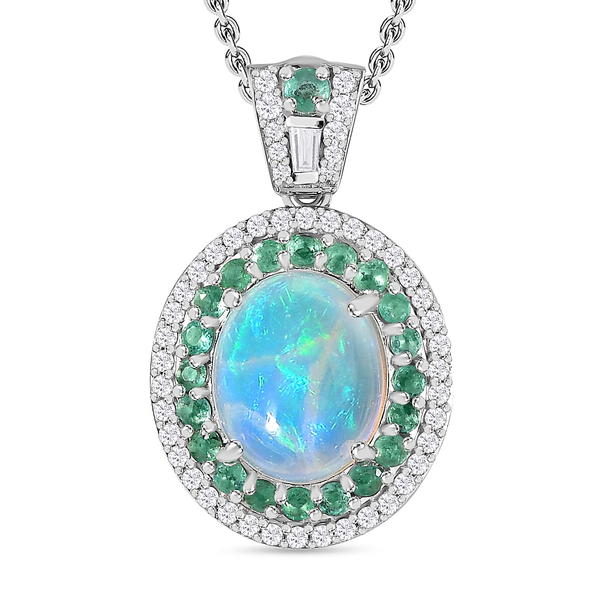 Ethiopian Welo Opal &amp; Natural Zircon &amp; Emerald Pendant with Chain (Size 20) in Platinum Overlay Sterling Silver 3.76 Ct. 4246503 0