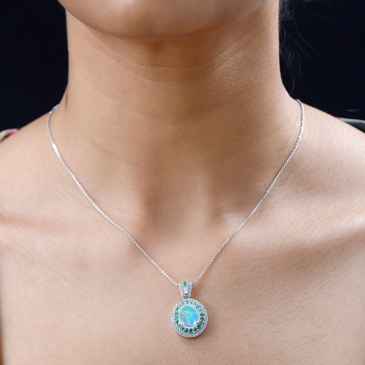 Ethiopian Welo Opal &amp; Natural Zircon &amp; Emerald Pendant with Chain (Size 20) in Platinum Overlay Sterling Silver 3.76 Ct. 4246503 2