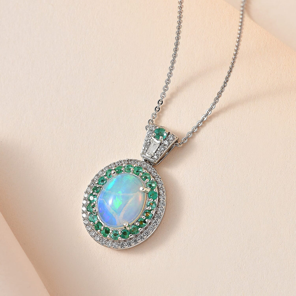 Ethiopian Welo Opal &amp; Natural Zircon &amp; Emerald Pendant with Chain (Size 20) in Platinum Overlay Sterling Silver 3.76 Ct. 4246503 3