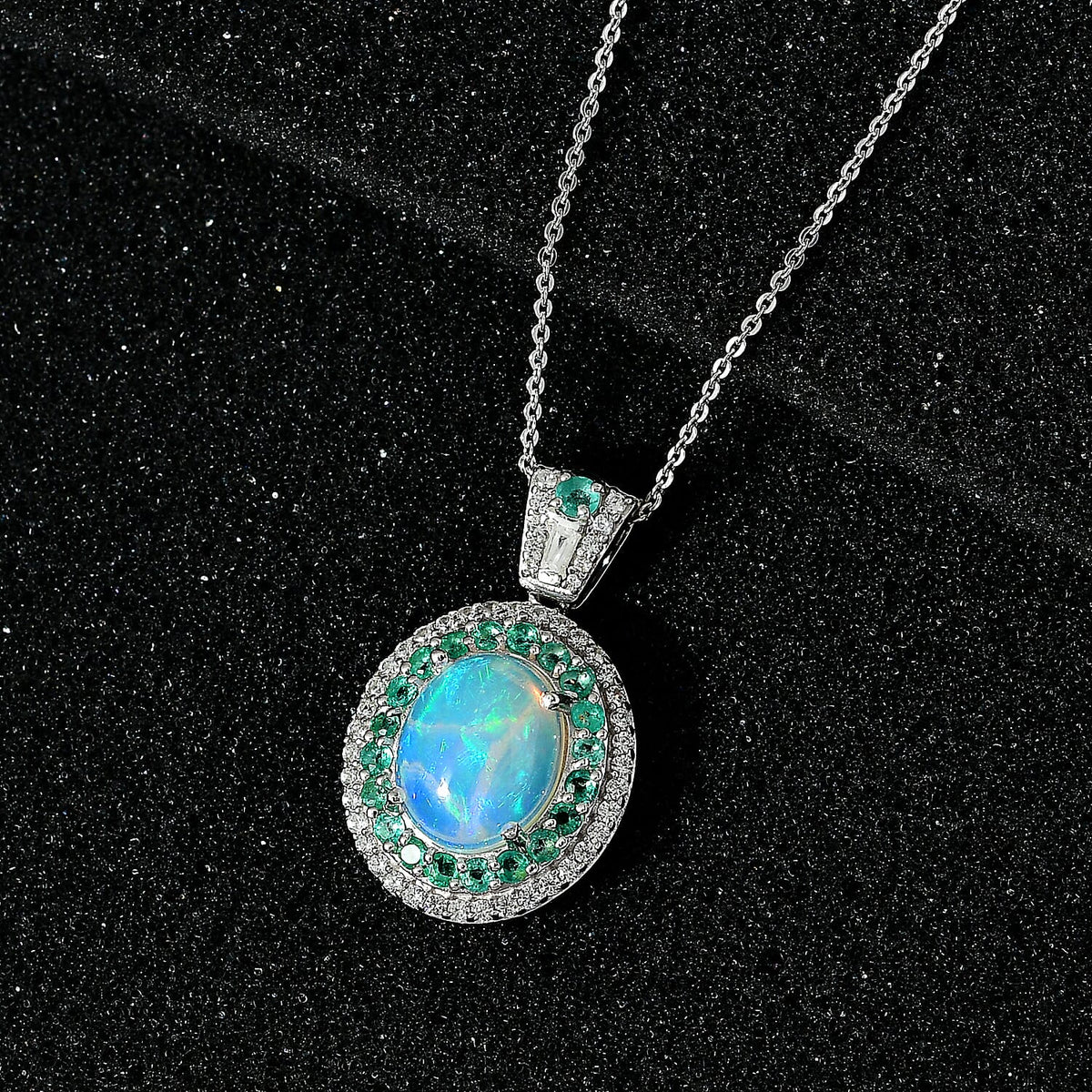 Ethiopian Welo Opal &amp; Natural Zircon &amp; Emerald Pendant with Chain (Size 20) in Platinum Overlay Sterling Silver 3.76 Ct. 4246503 4
