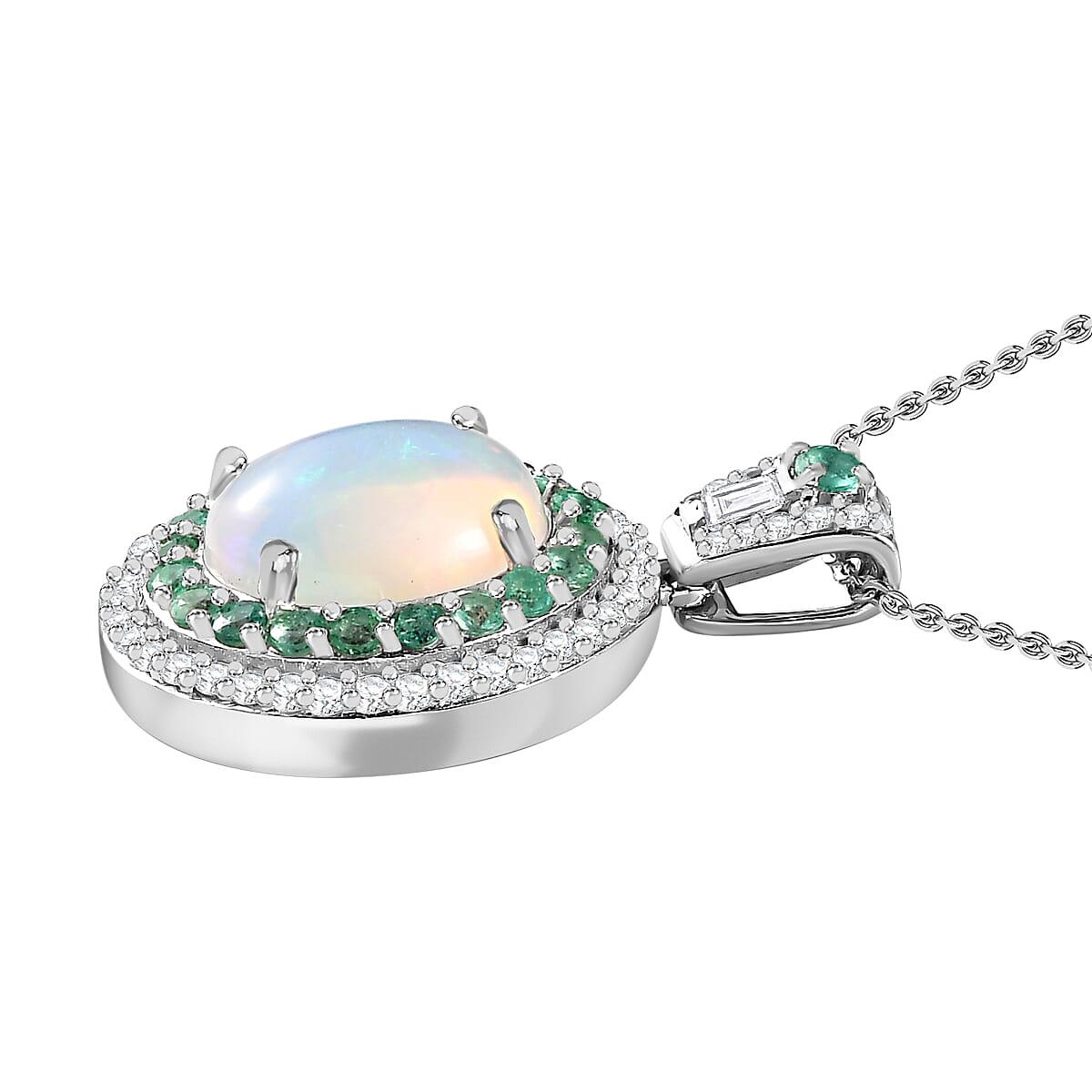 Ethiopian Welo Opal &amp; Natural Zircon &amp; Emerald Pendant with Chain (Size 20) in Platinum Overlay Sterling Silver 3.76 Ct. 4246503 5