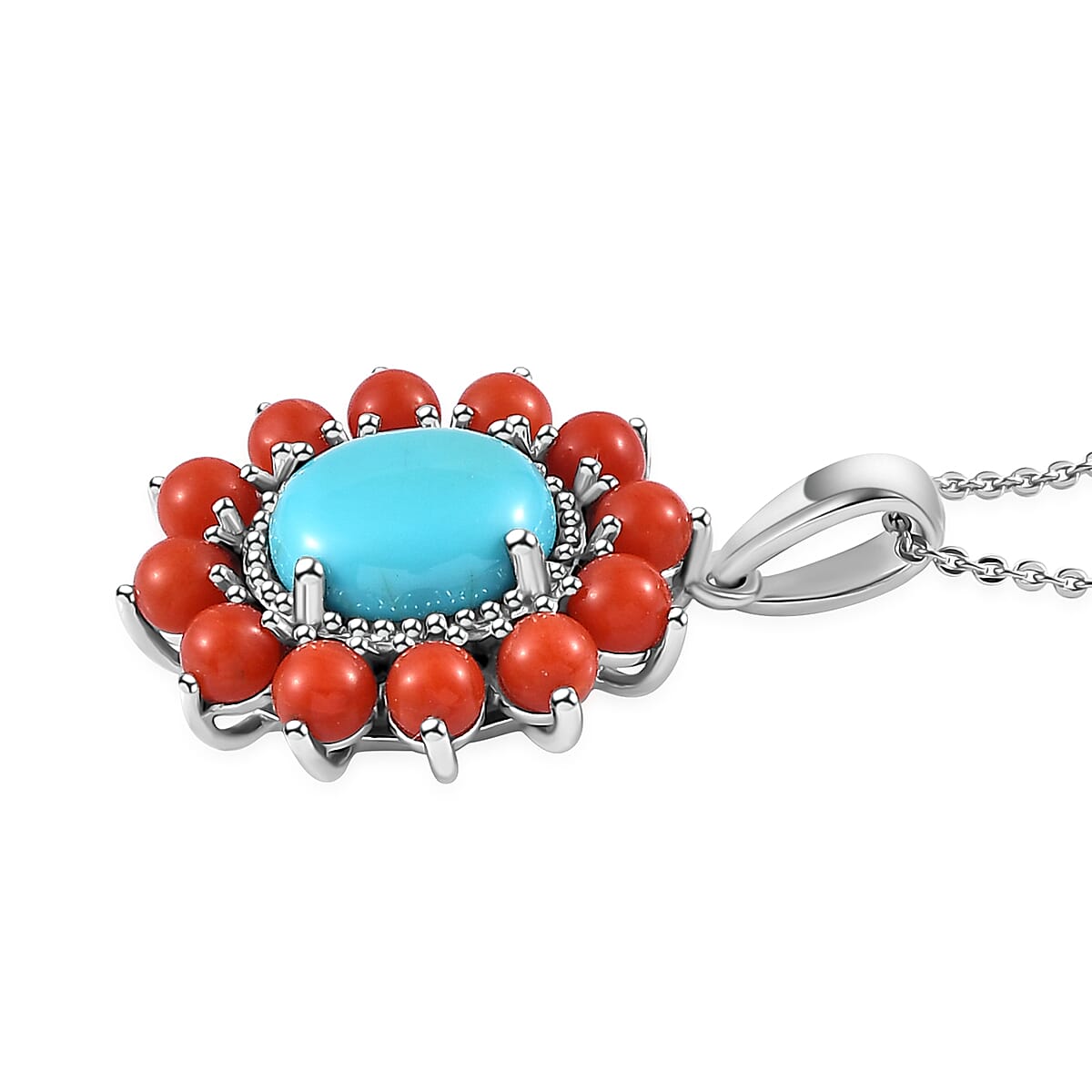 Tucson Special - Arizona Sleeping Beauty Turquoise &amp; Coral Pendant with Chain (Size 20) in Platinum Overlay Sterling Silver 4.48 Ct. 4248344 3